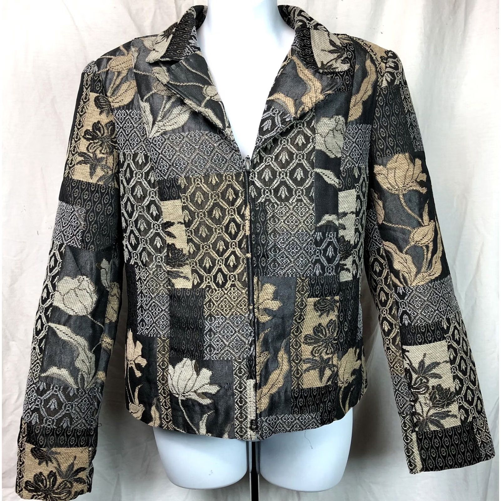 Vintage Dressbarn Jacket L Gray/Taupe Zip Up Collar boho Patchwork Tapestry 2000s Y2K Women Size L / US 10 / IT 46 - 5 Thumbnail