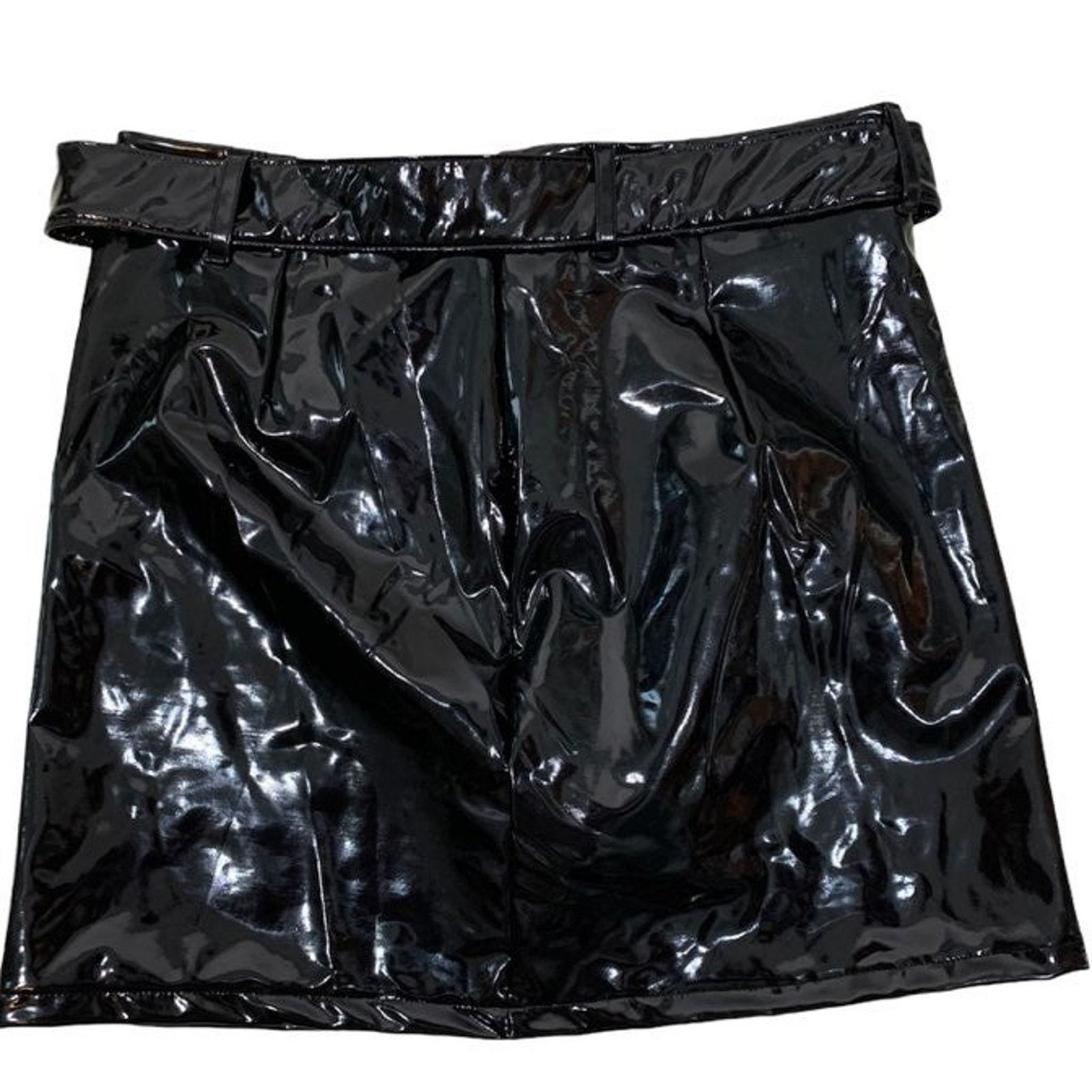 Other Black Vinyl Mini Skirt Belted Zipper Womans Small PU Leather Size 28" / US 6 / IT 42 - 2 Thumbnail