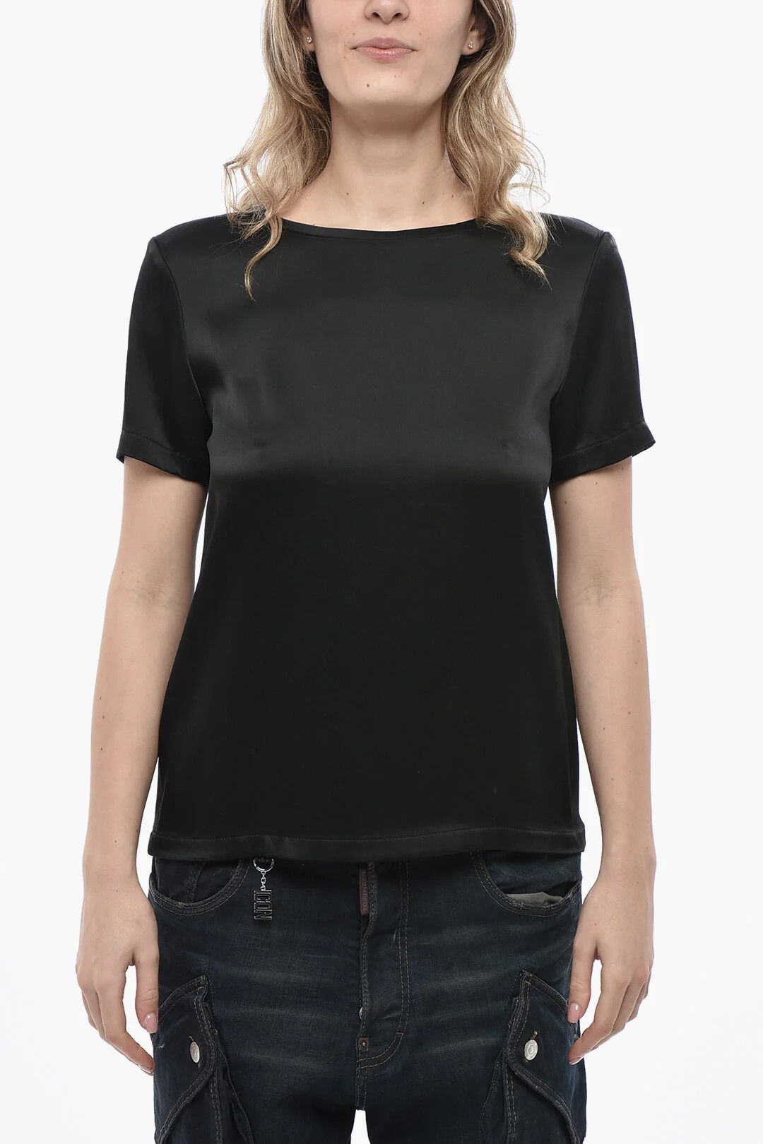 Max Mara og1mm0426 S Satin Crewneck Solid-Color T-Shirt in Black Size S / US 4 / IT 40 - 1 Thumbnail
