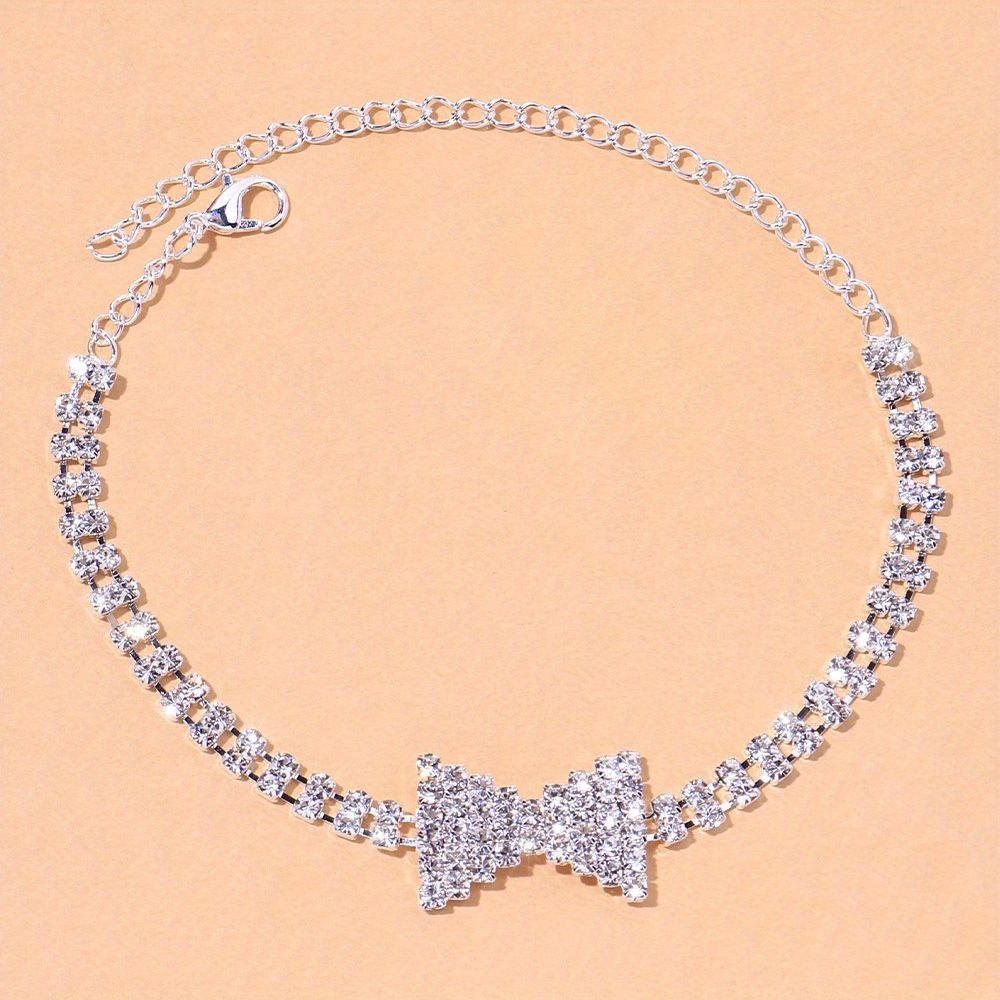 Other Silver Tone Rhinestone Bow Anklet Bracelet For Women With Ad Size ONE SIZE - 2 Thumbnail