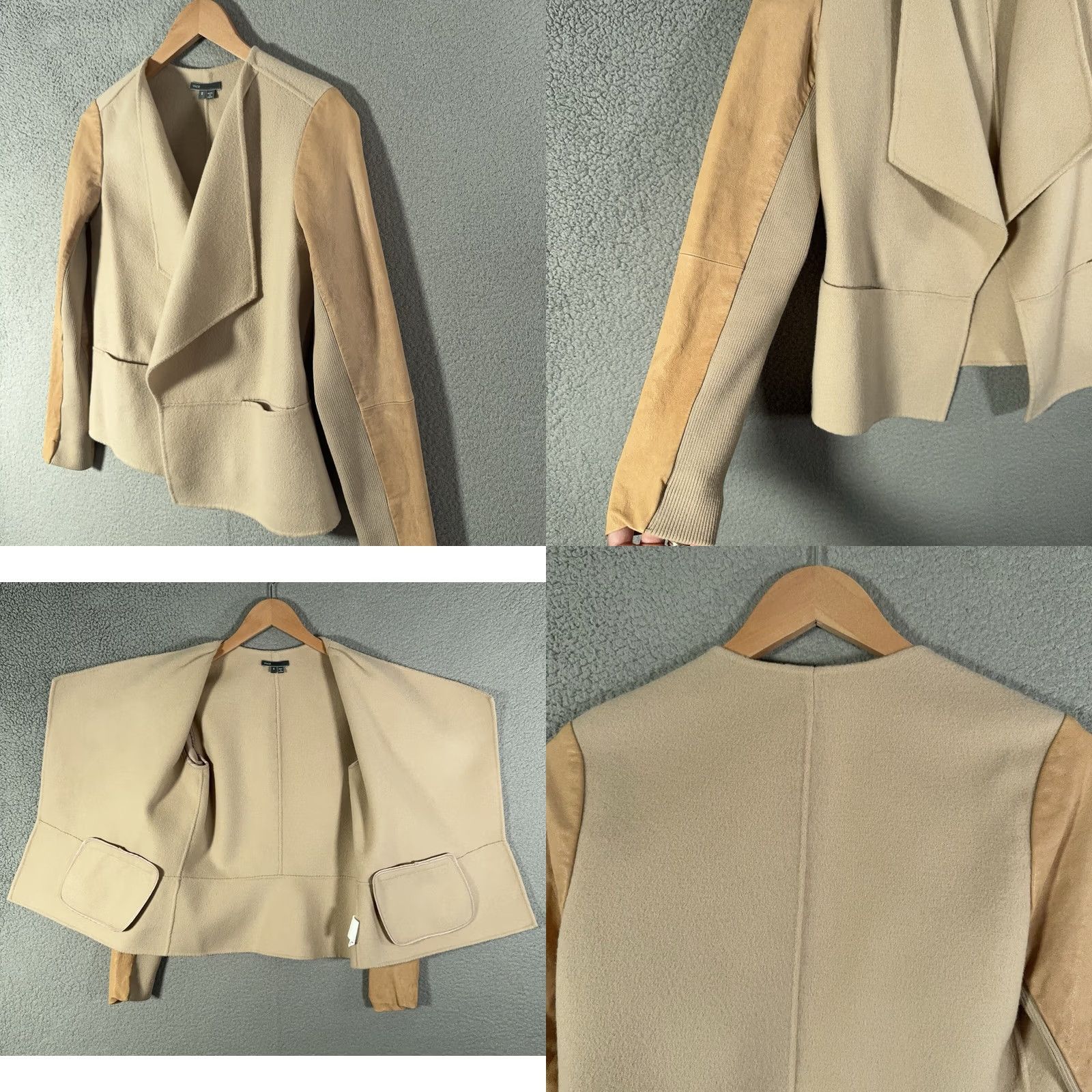 Vince Vince Womens Jacket Adult S Brown Wool Blend Lamb Leather Draped Coatigan Blazer Team: Vince Drape Neck Leather, Basic Designer Classy Open Front Size S / US 4 / IT 40 - 9 Thumbnail