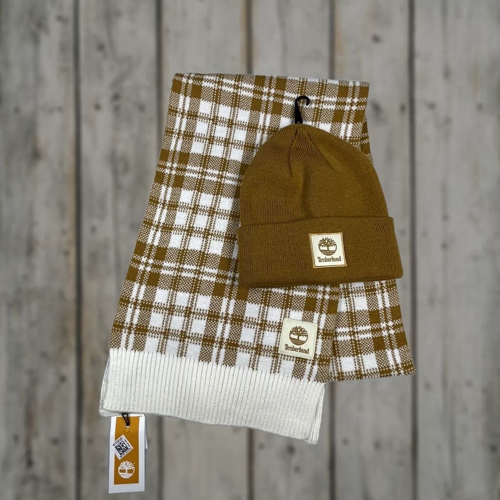 Timberland Timberland Logo Beanie & Scarf Watch Cap Ribbed Knit Square Patch Brown OSFA Unisex Adults Knit Winter Fall Mens Womens Size ONE SIZE - 1 Thumbnail