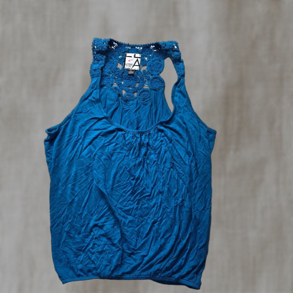 Vintage VINTAGE Living Doll Women's Tank Top Large Light Blue Lace Sleeveless Relaxed Fit Lightweight Spring Fall Winter Shirt Size L / US 10 / IT 46 - 1 Thumbnail