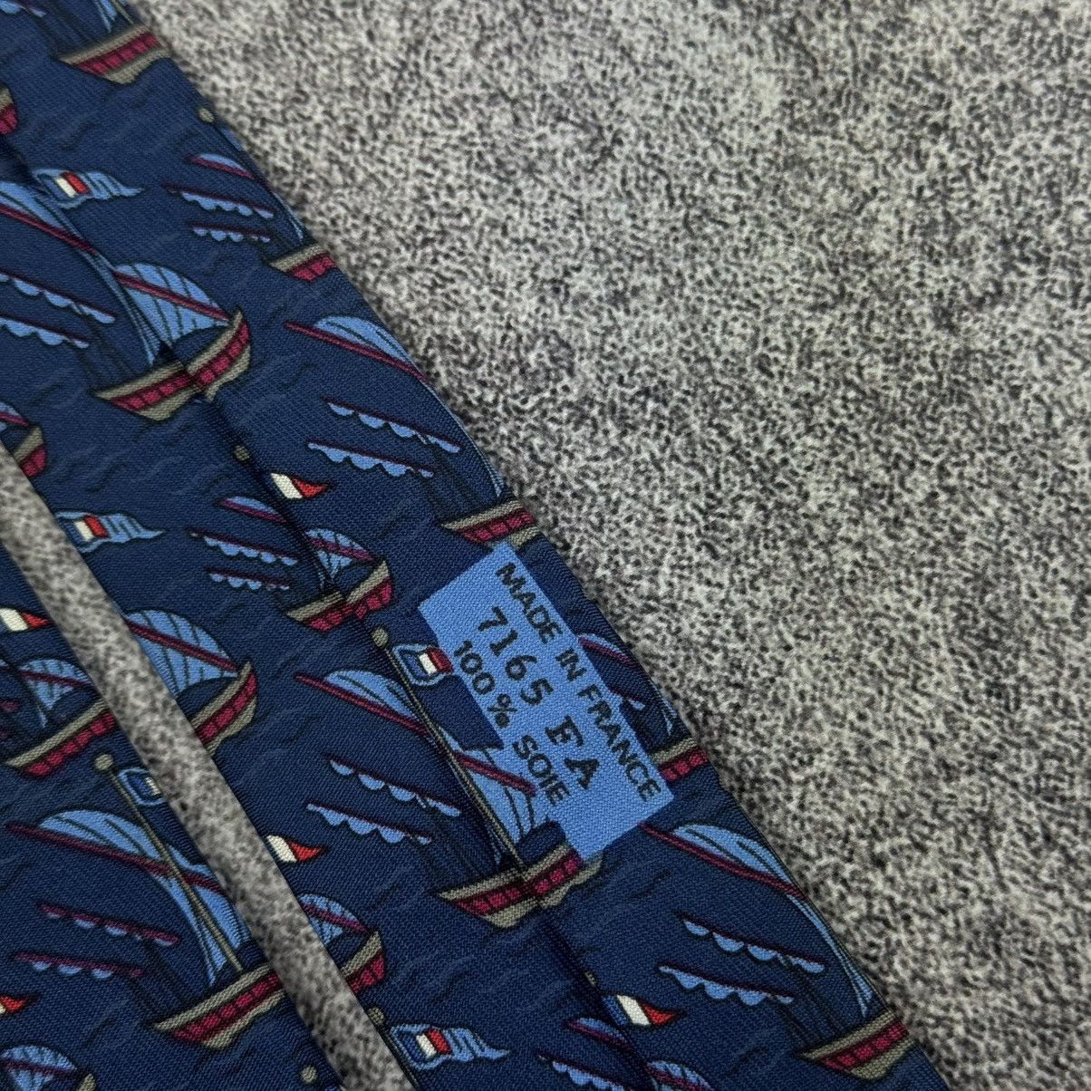 Hermes Hermès Navy Blue Silk Tie / Vintage Tall Ships Pattern Size ONE SIZE - 8 Thumbnail