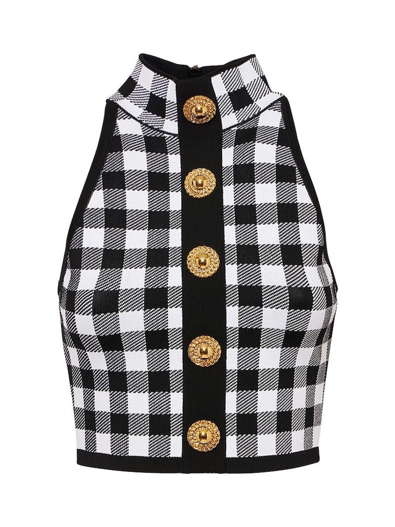 o1s1wg110825 Check Knit Hight Neck Vest in Multicolor