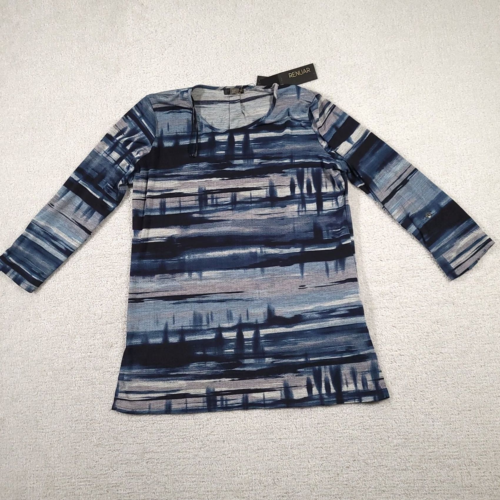 Vintage Renuar Blue Tunic Top Blouse Women M Medium Stretch 3/4 Sleeve Pullover Button Casual Shirt / Tunic Ladies Regular Blouse Size M / US 6-8 / IT 42-44 - 2 Thumbnail