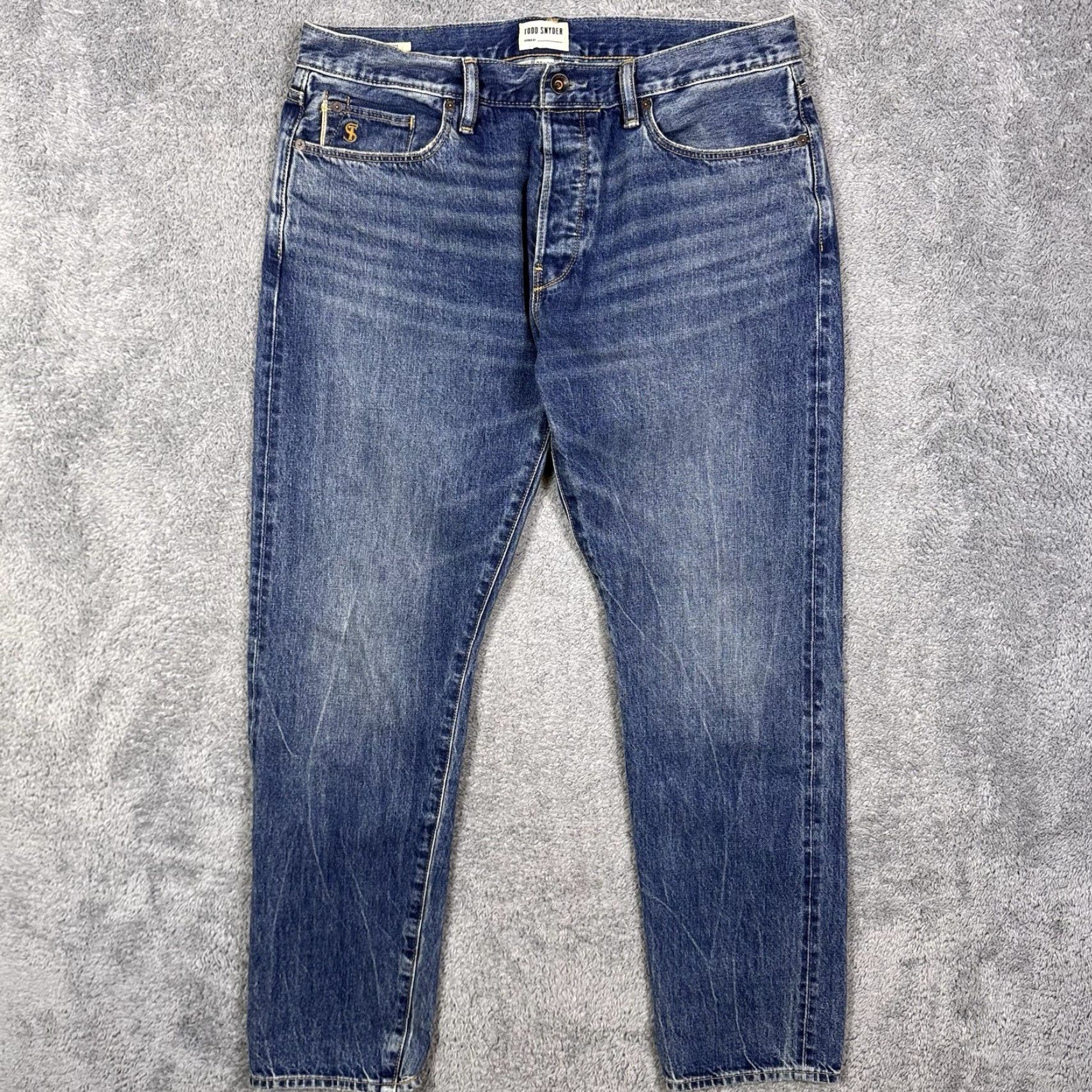 Todd Snyder Todd Snyder Jeans Men’s 33x32 Button Fly Selvedge Denim Blue 12.5oz Distressed Slim Straight 5-Pocket Regular Rise Mens Regular Fit Vintage Style Size US 33 - 4 Thumbnail