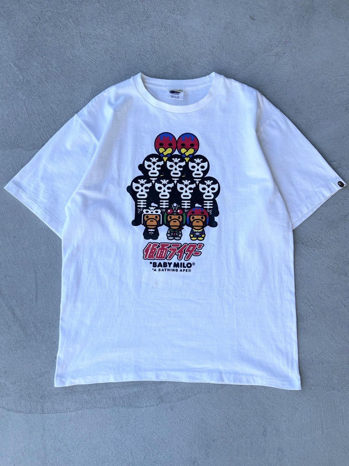 image of 2016 Bape X Kamen Rider Baby Milo Wrestlers Tee in White, Men's (Size XL)
