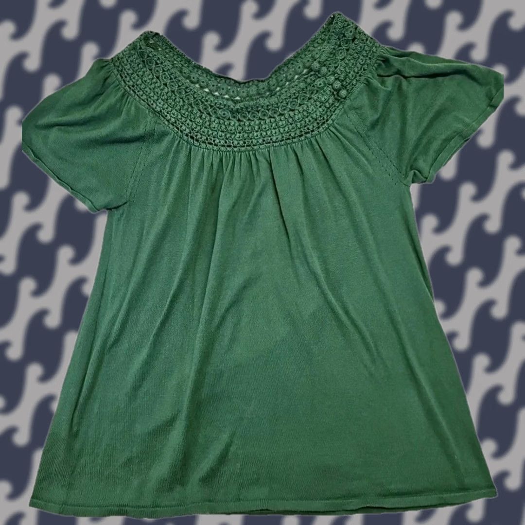 Bcbgmaxazria BCBGMAXAZRIA Silk Cotton Crochet Lace Green Blouse Top L Boho Romantic Womens Size L / US 10 / IT 46 - 1 Thumbnail