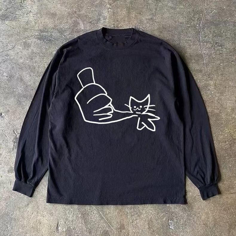 Vintage Black retro cute cat print long-sleeved t-shirt Size US M / EU 48-50 / 2 - 1 Thumbnail