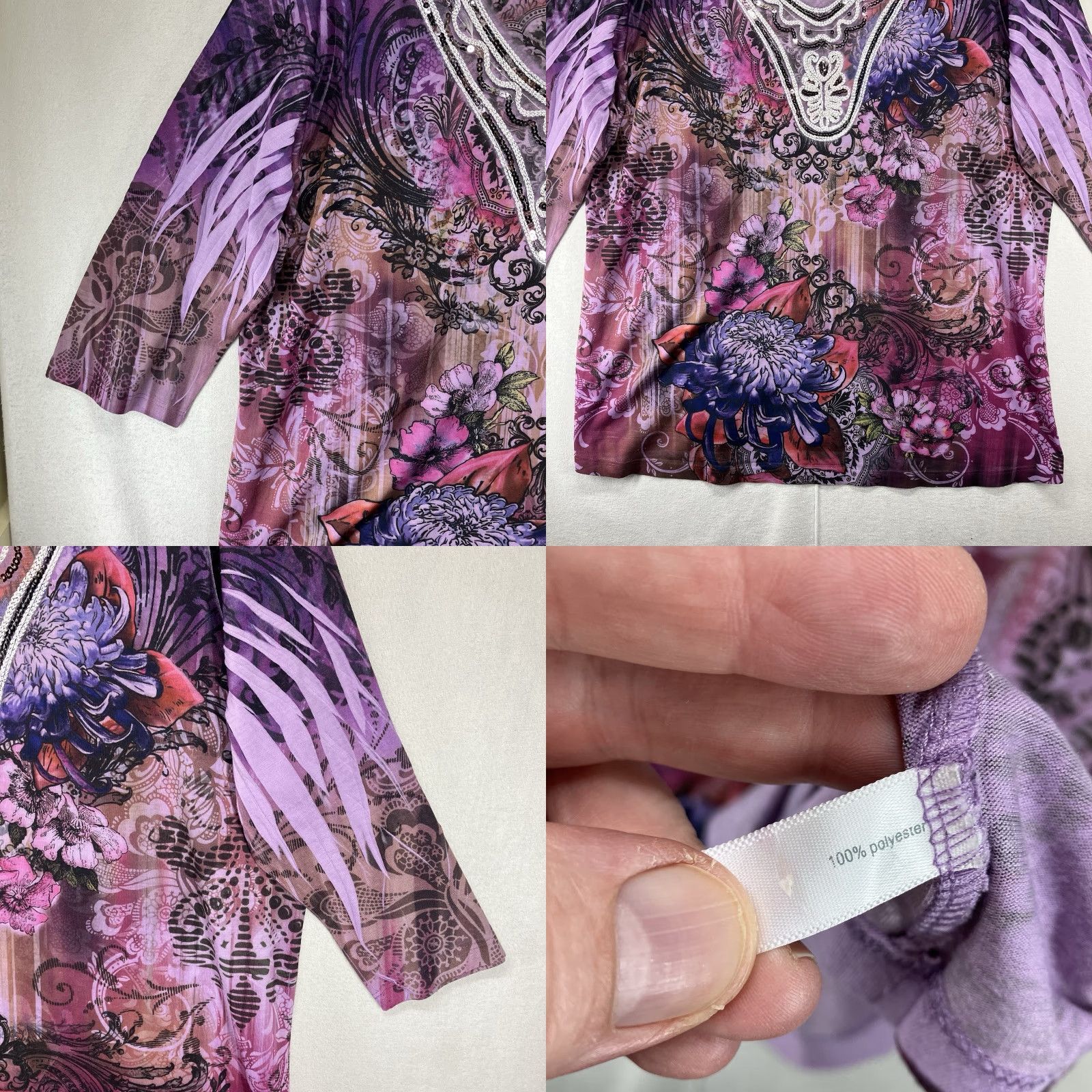 Essentials Women's 1X Blouse Tunic 3/4 Sleeve V-Neck Purple Geometric Sequin Bling Lightweight Stretch Polyester Essentials Shirt Womens Size XL / US 12-14 / IT 48-50 - 8 Thumbnail