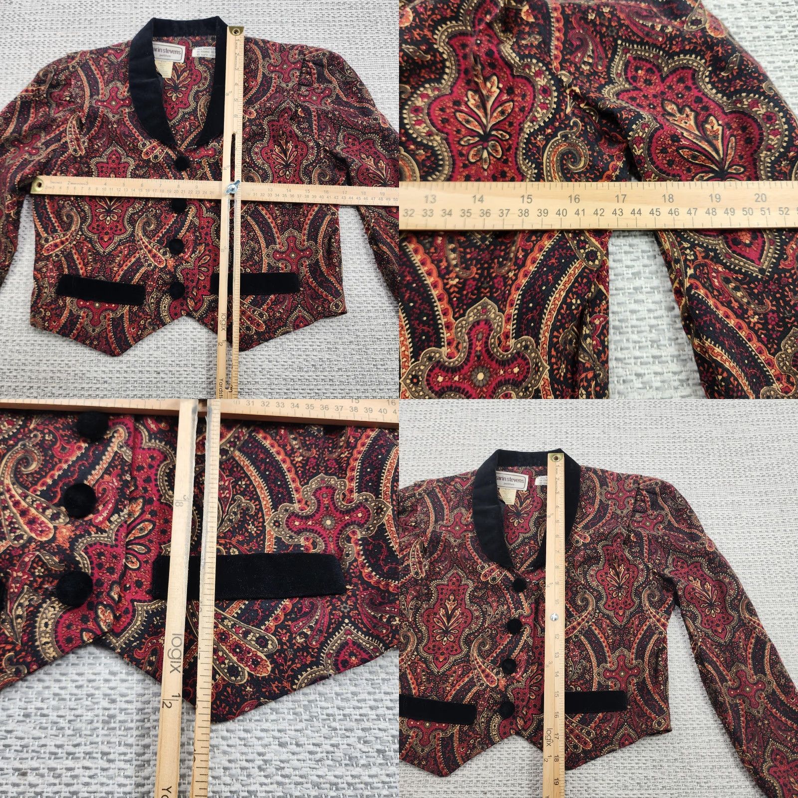 Velvet VINTAGE Karin Stevens Blazer Womens 4P Petite Red Black Paisley Velvet Trim 90s Size S / US 4 / IT 40 - 8 Thumbnail