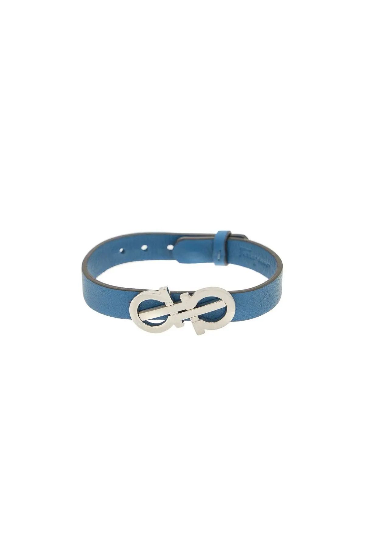 image of Salvatore Ferragamo O1S22I1N0324 Size-Os Leather Bracelet In Silver Blue, Men's