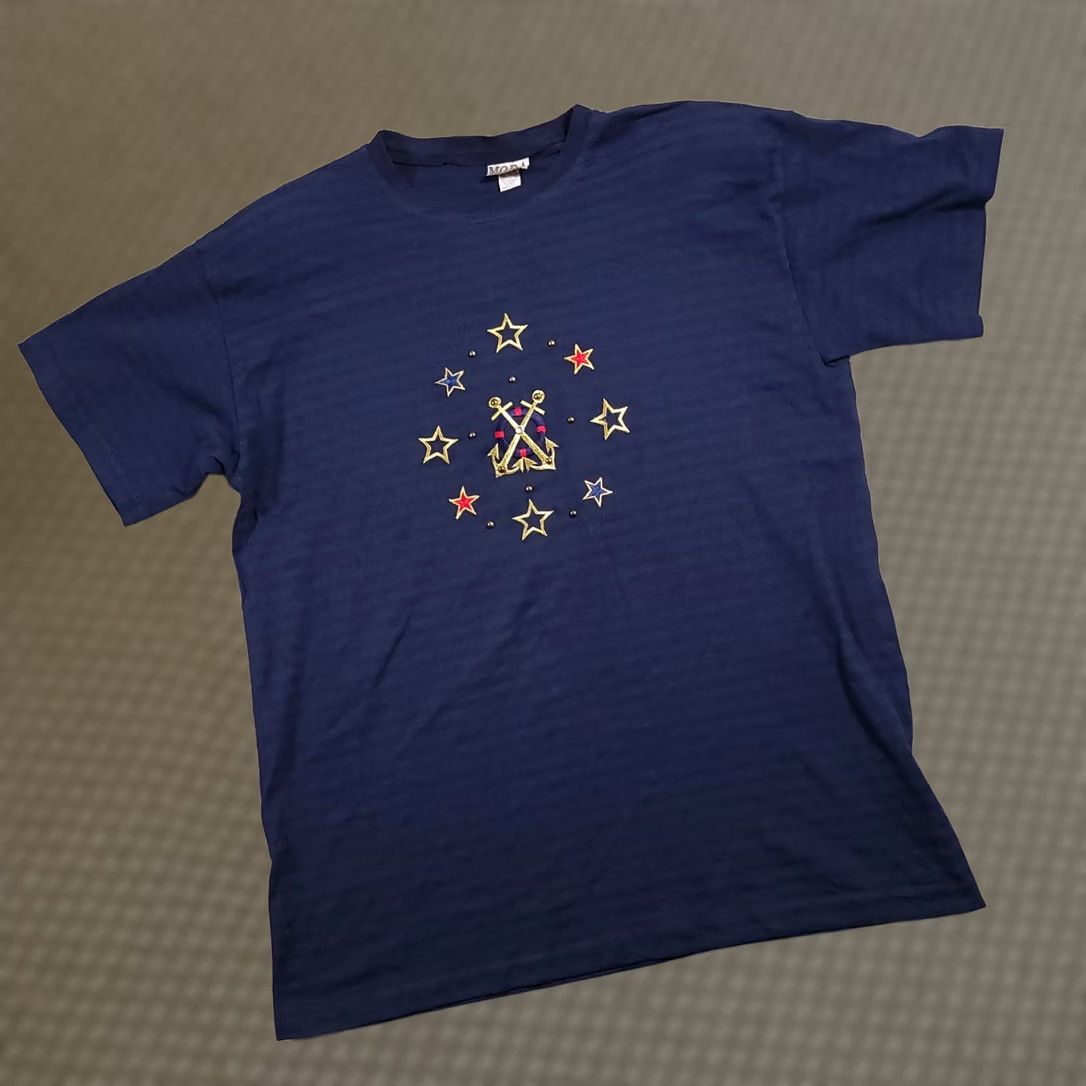 Vintage VINTAGE Moda Bazaar California T Shirt Women's OS One Size Blue Stars Anchors 90s Patriotic Shirt Womens Size ONE SIZE - 1 Thumbnail