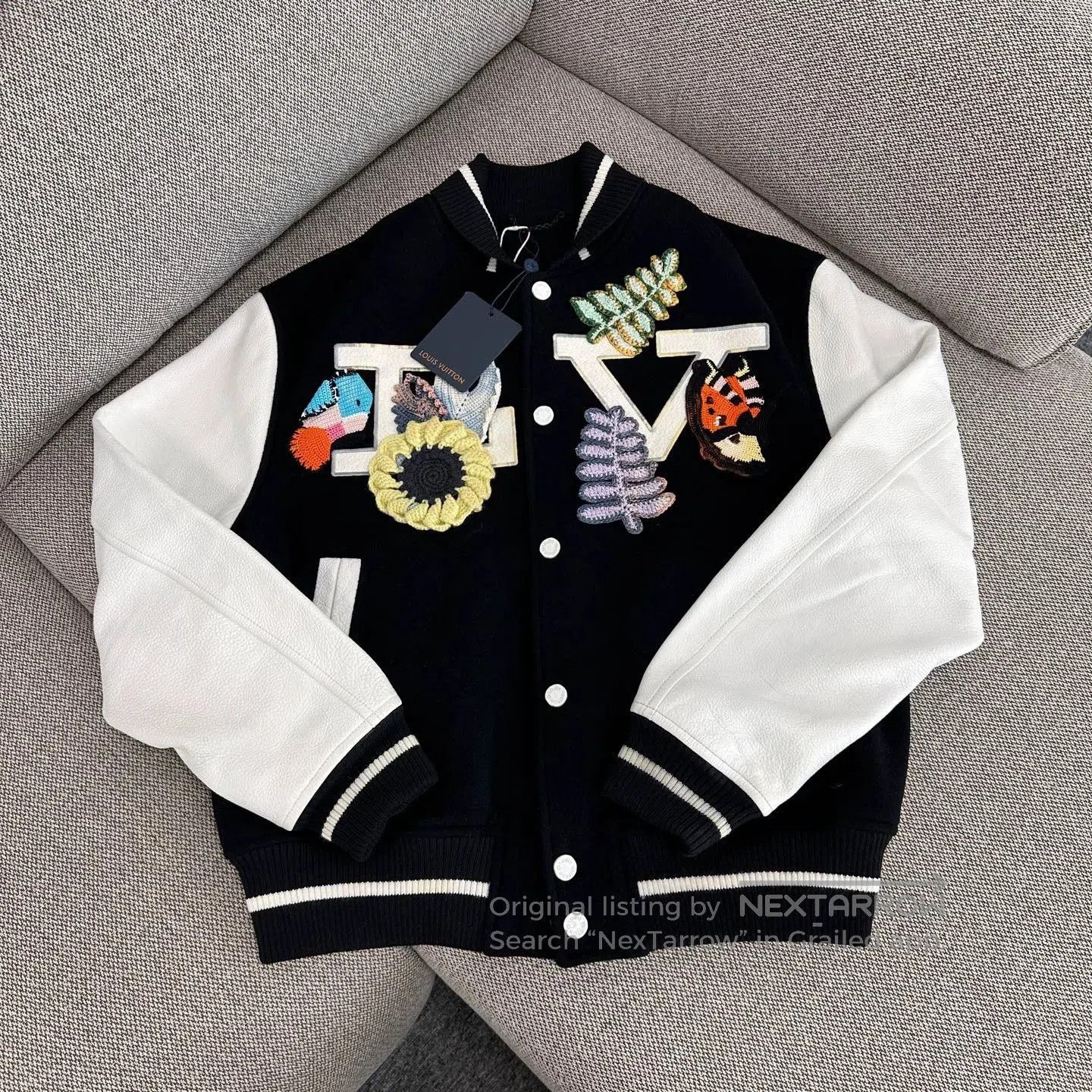 Louis Vuitton Black White Embroidered Varsity Jacket.