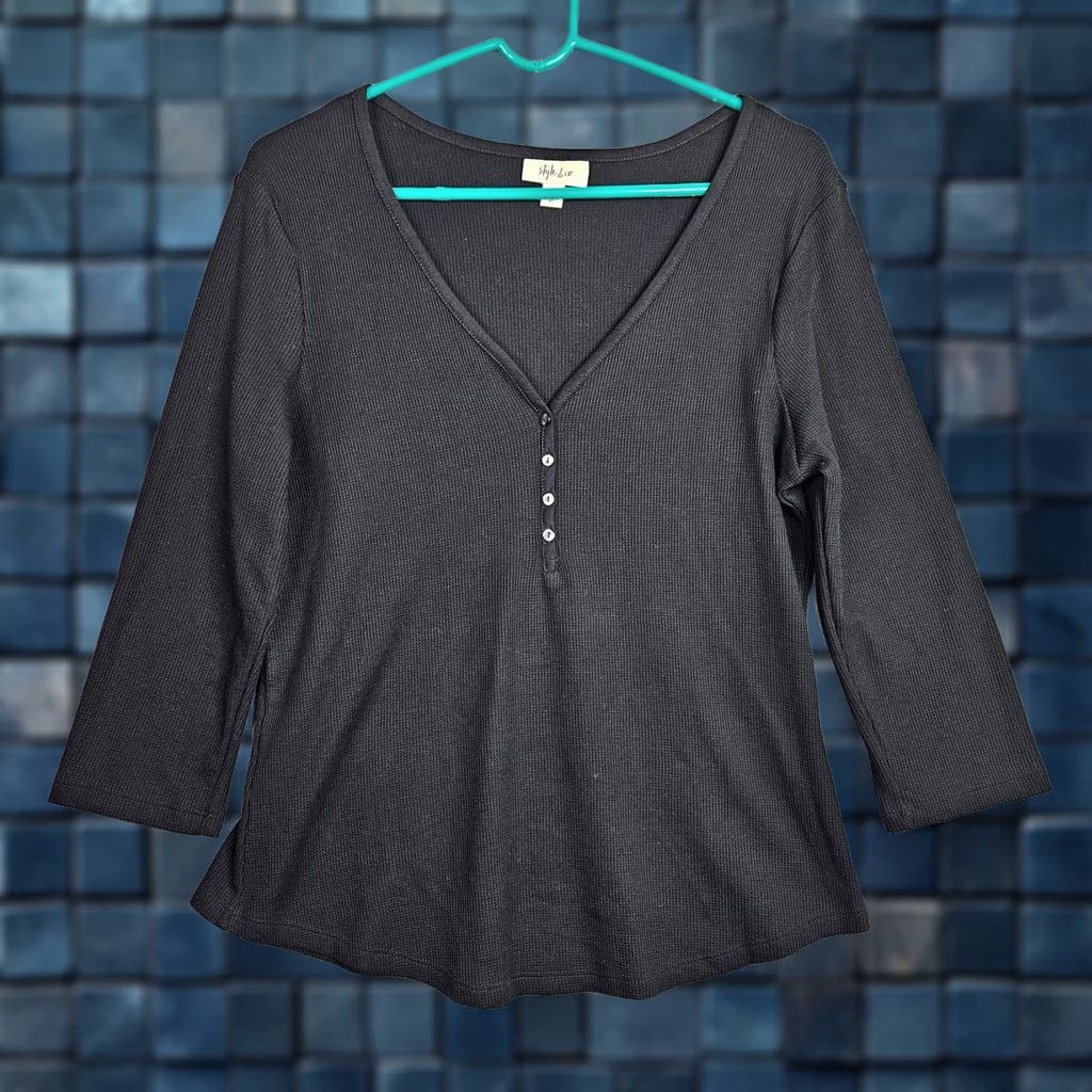 Style & Co Style & Co Black Waffle Henley Top Shirt Womens PL Short Sleeve Cotton Blend Clothing Womens Petite Black Henley Shirt Size L / US 10 / IT 46 - 1 Thumbnail