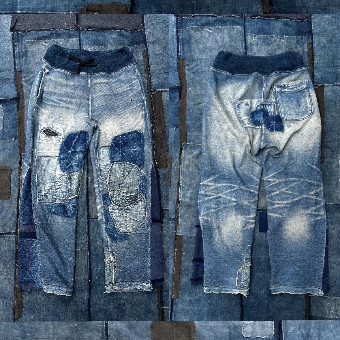 image of Kapital Crash Denim Old Man And The Sea Boro Sweatpants in Blue, Men's (Size 33)