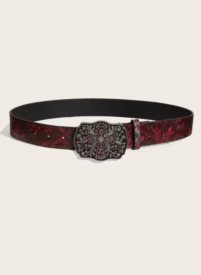 Japanese Brand 💥Cross metal buckle burgendy flower belt Size ONE SIZE - 2 Thumbnail