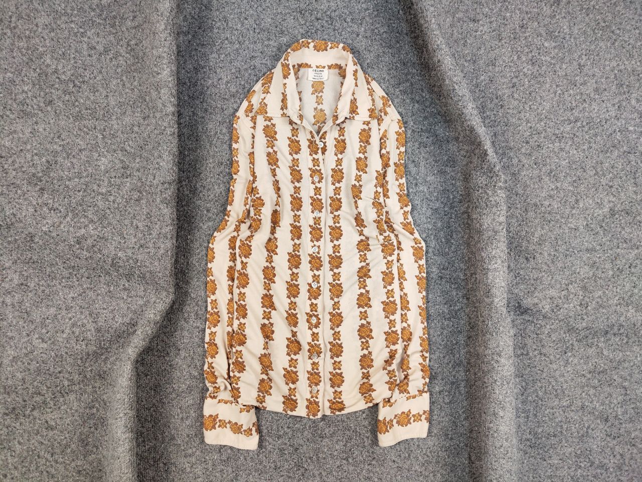 image of Archival Clothing x Celine Vintage 70's Celine Pure Silk Monogram Logo Blouse Shirt in Beige, Women