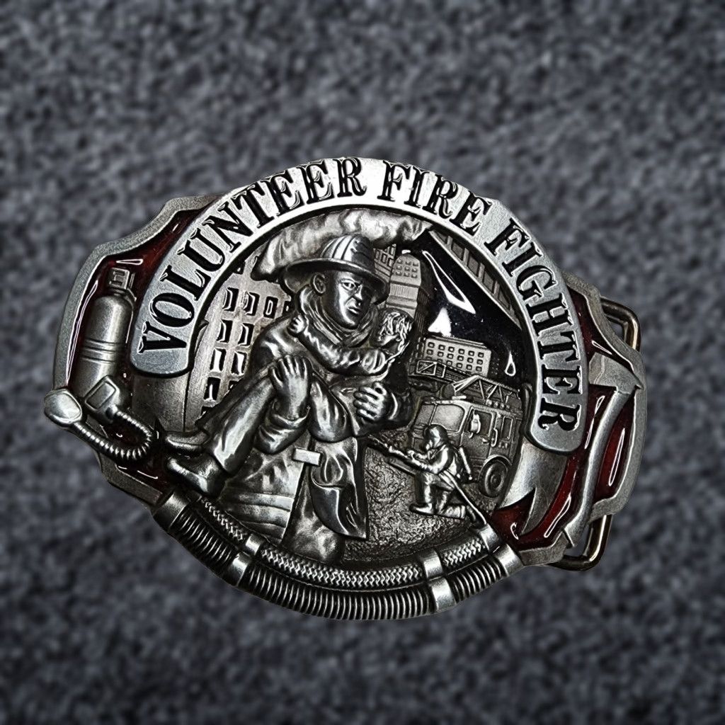 Vintage VINTAGE Volunteer Firefighter Enamel Belt Buckle Casual Mens 1.5" Fits 1.5" Belts Antique Silver Tone 3.75" 2.75" width Firefighter Theme Size ONE SIZE - 1 Thumbnail