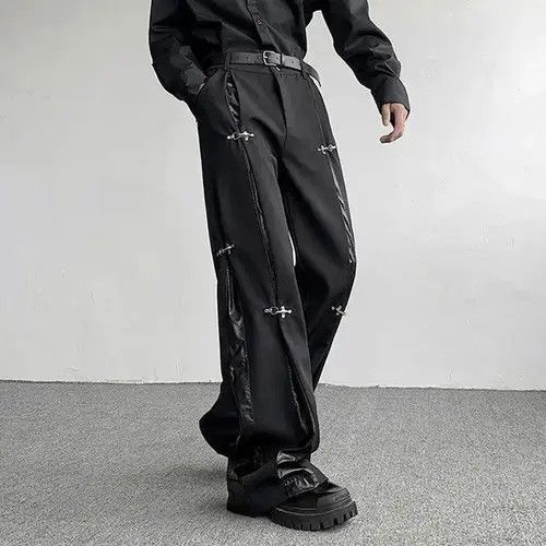 Jean Avant garde retro buckle pu leather mix pleated pants Size US 32 / EU 48 - 1 Thumbnail