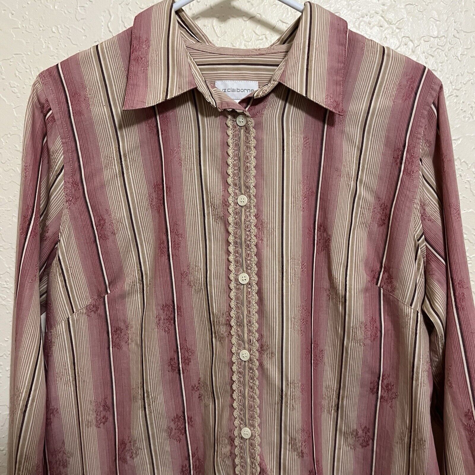 Vintage Liz Claiborne | Vintage Y2K Striped Floral Lace Button Top Size L / US 10 / IT 46 - 3 Thumbnail