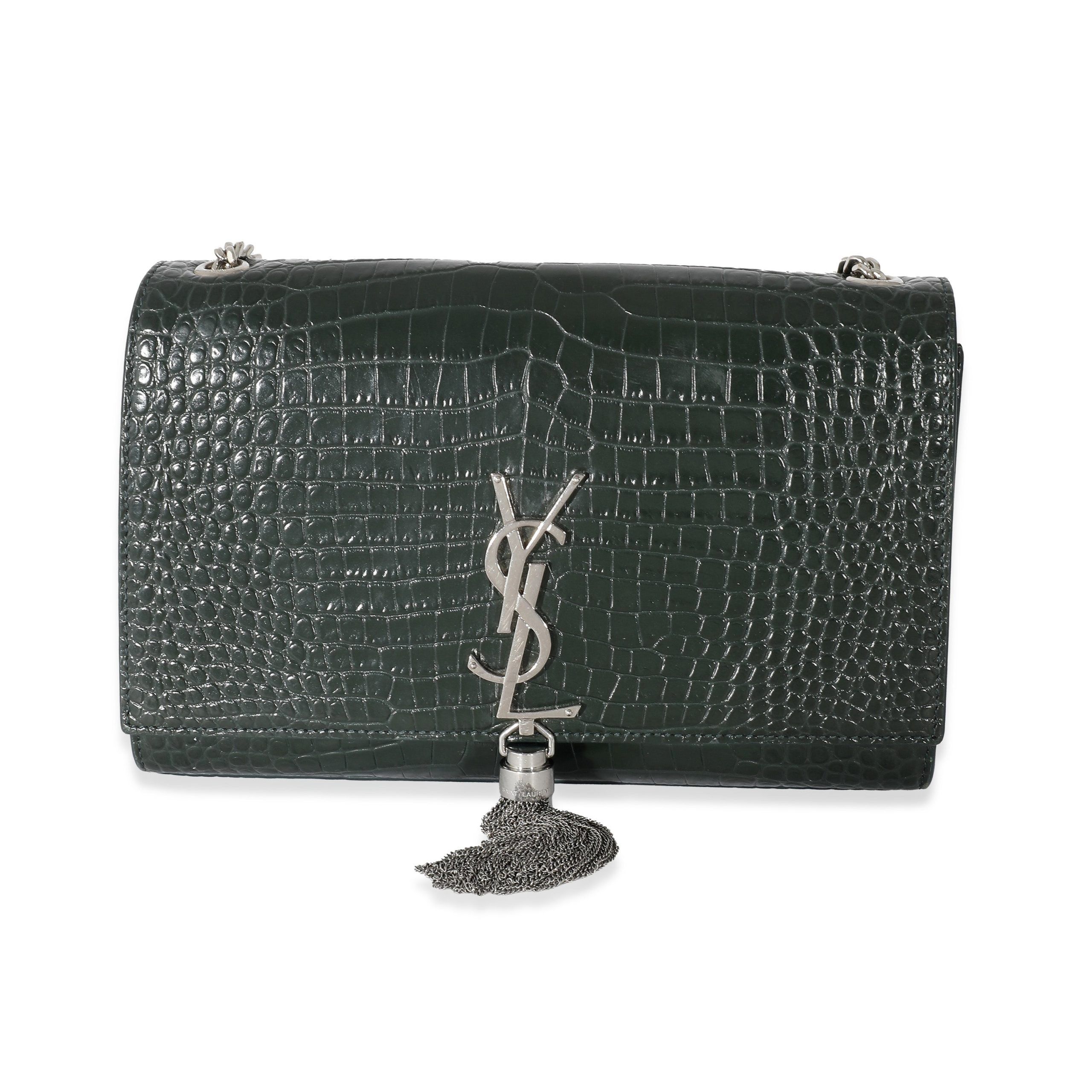 image of YVES Saint Laurent Green Croc Embossed Medium Kate Tassel Bag, Women's