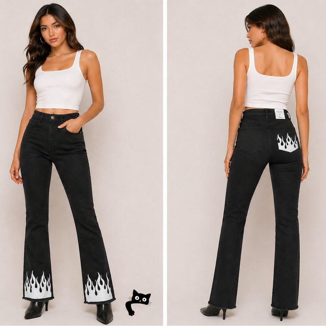Other Subdued Black Crop Flare Button Fly Raw Hem White Flame 26 Size 26" / US 2 / IT 38 - 3 Thumbnail