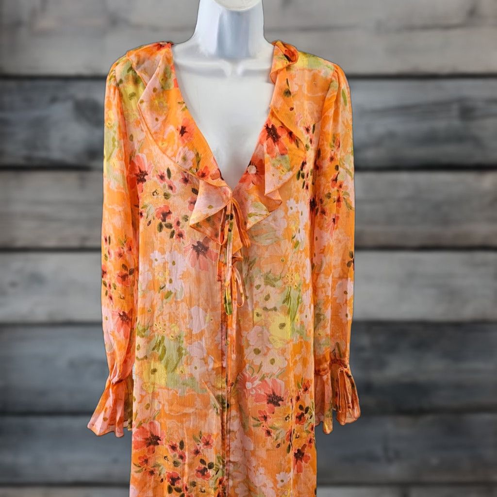 Vintage Wild Fable Duster Shirt XS Womens Orange Pink Floral Tie Front Sheer Blouse Size XS / US 0-2 / IT 36-38 - 1 Thumbnail