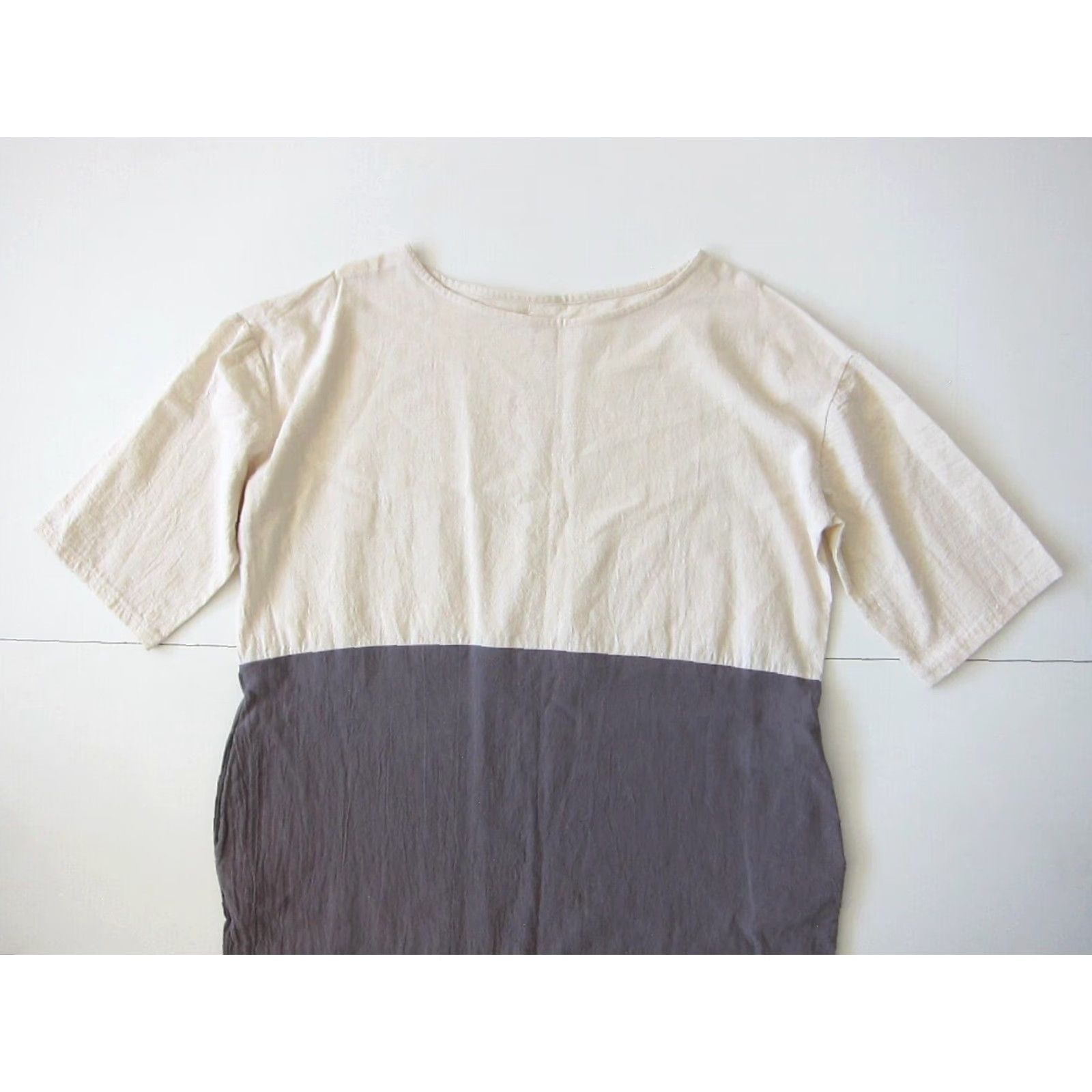 Vintage 100% Cotton Ivory Grey Lagenlook Short Sleeve Pocket Tunic Sheath Dress Large Size 36" / US 14 / IT 50 - 3 Thumbnail