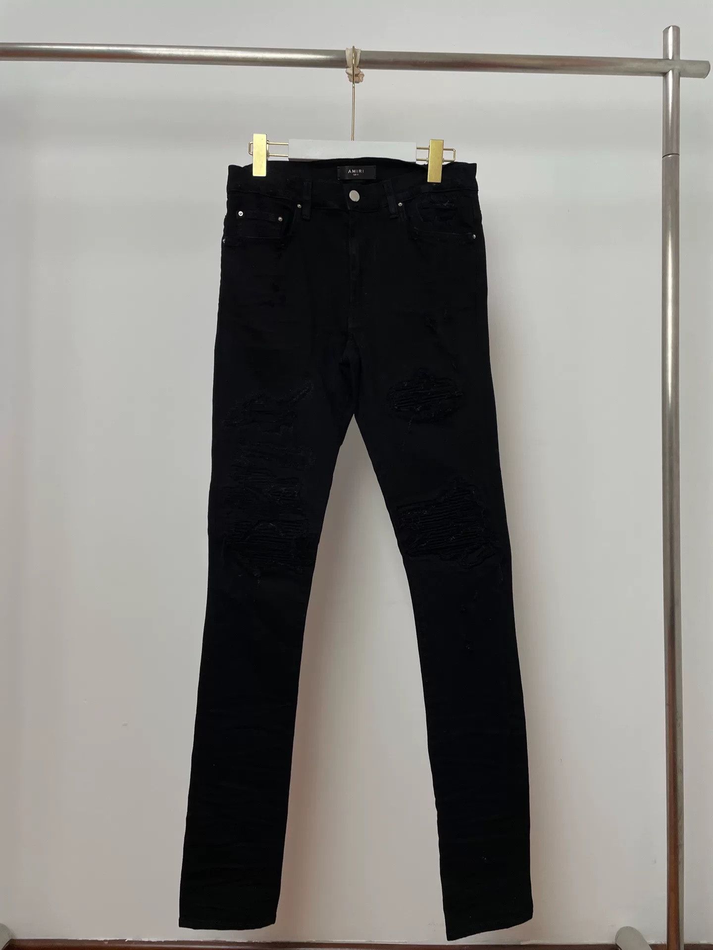 Amiri Amiri Black Distressed Leather Patch Straight-Leg Pants Size US 31 - 1 Thumbnail
