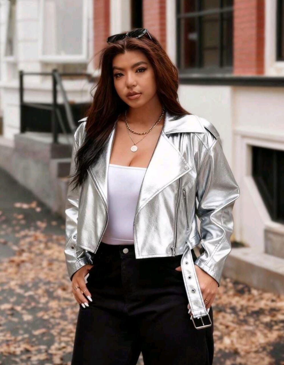 Other Women’s Silver Faux Leather Biker Jacket – Cropped Fit ✨🔥 Size M / US 6-8 / IT 42-44 - 3 Thumbnail