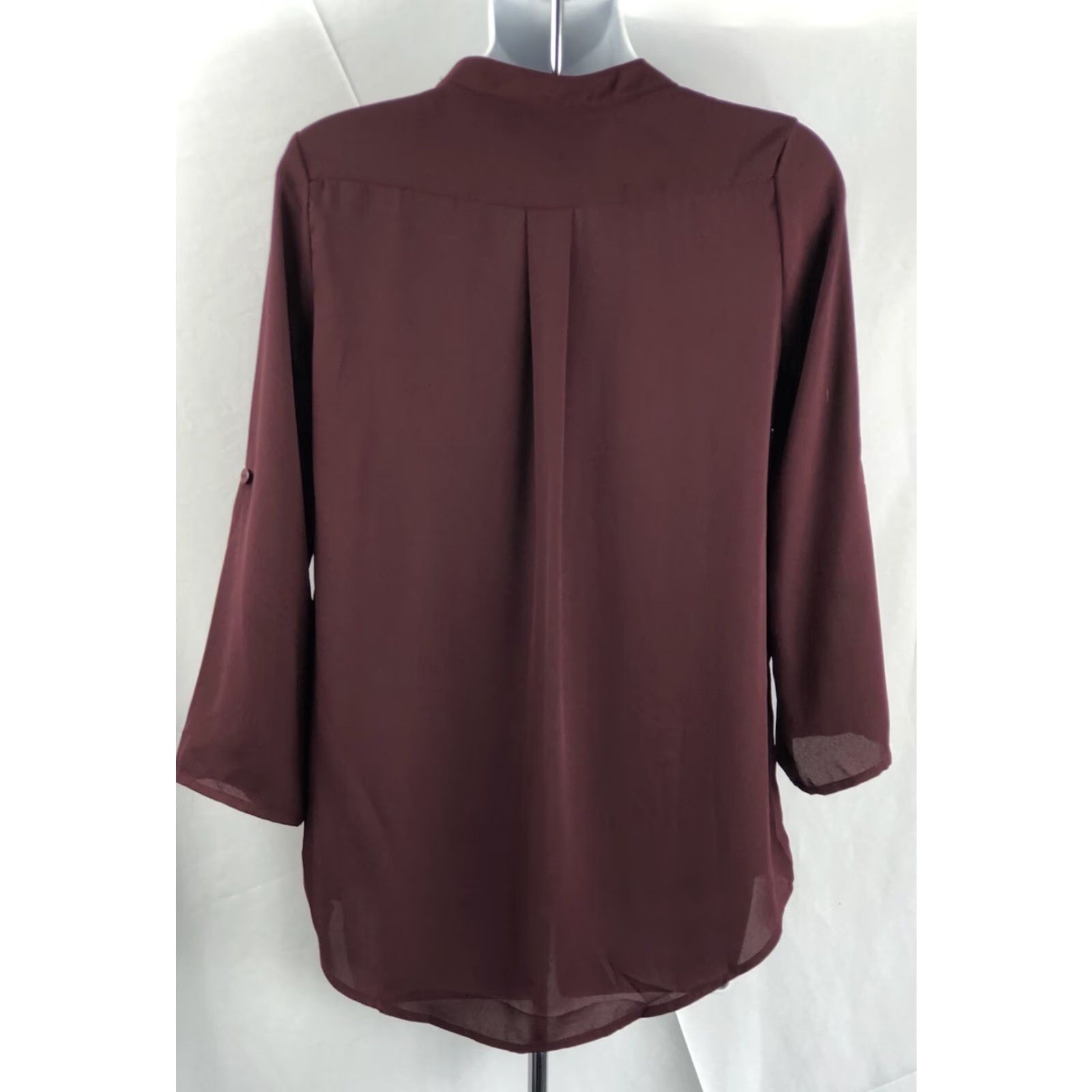 Vintage NWT American dream Blouse Shirt Burgundy V-Neck Lace Up 3/4 Roll Tab Sleeve Chiffon Boho Size S / US 4 / IT 40 - 3 Thumbnail