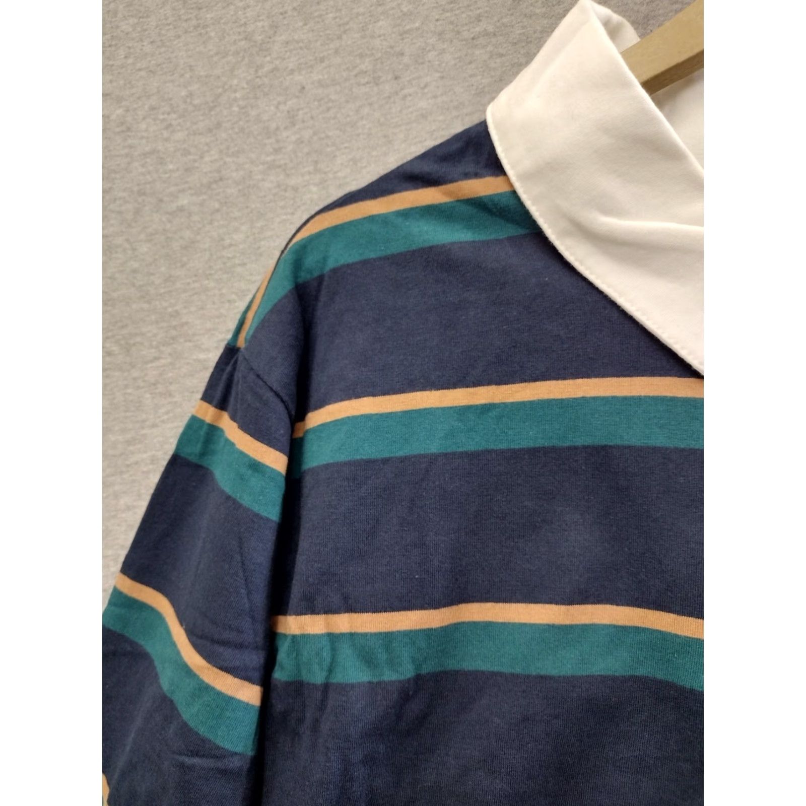 Vintage Wild Fable Polo Tee Shirt Navy Blue Teal Tan Stripes Long Sleeve Size L Women Polo Shirt Striped Preppy Size L / US 10 / IT 46 - 7 Thumbnail
