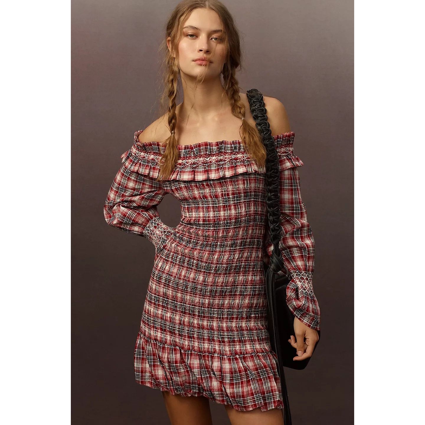 Anthropologie NWT Pilcro Smocked Plaid Mini Dress $168 LARGE Red Size L / US 10 / IT 46 - 6 Thumbnail