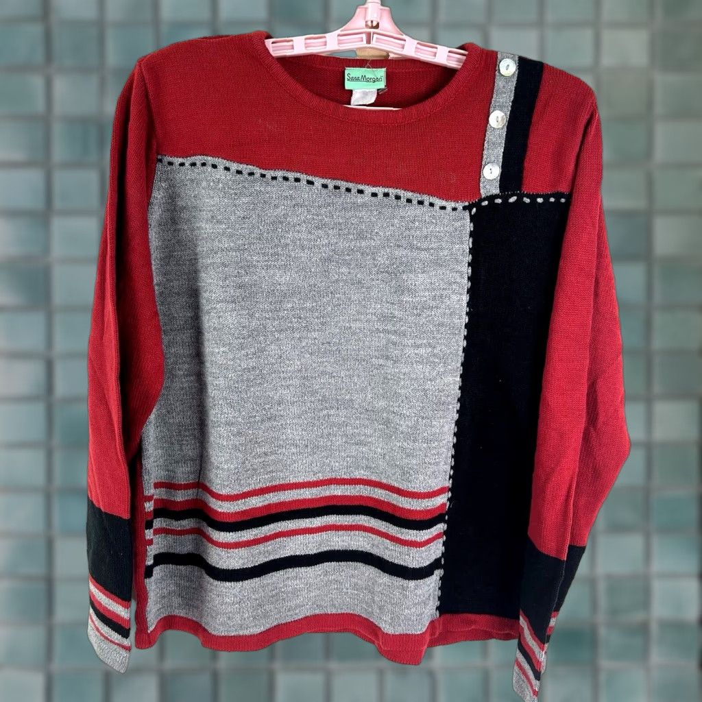 Vintage VINTAGE Sara Morgan Acrylic Sweater Shirt Womens XL Red Geometric 80s 90s Cable Knit, Pullover, Lightweight, Regular Fit Size XL / US 12-14 / IT 48-50 - 1 Thumbnail