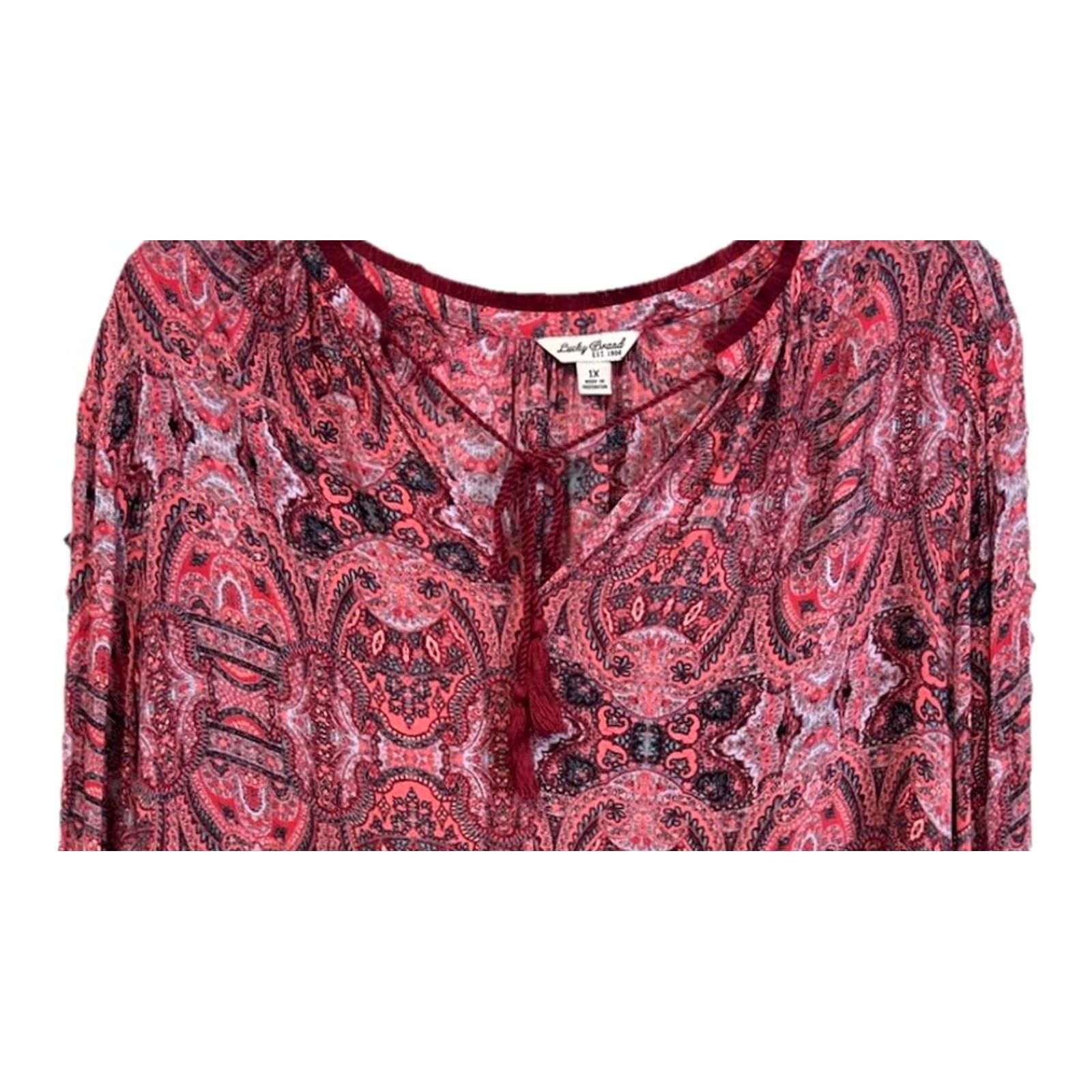 Lucky Brand Lucky Brand Boho Paisley Peasant Top Women Long Sleeve Tassel Tie Burgundy Multicolor Size XL / US 12-14 / IT 48-50 - 2 Thumbnail