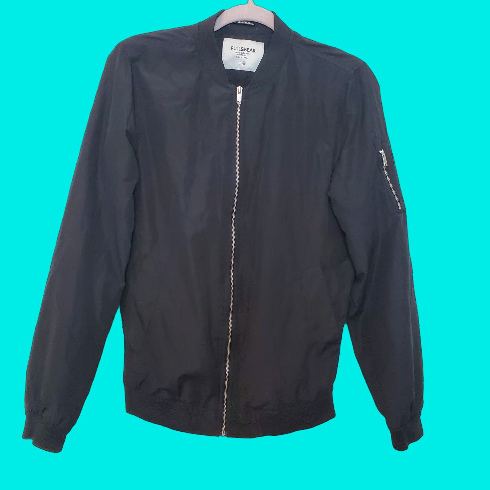 Pull&Bear Jacket Mens Sz S Black Zip Pockets Nylon Full Zip Bomber Lined