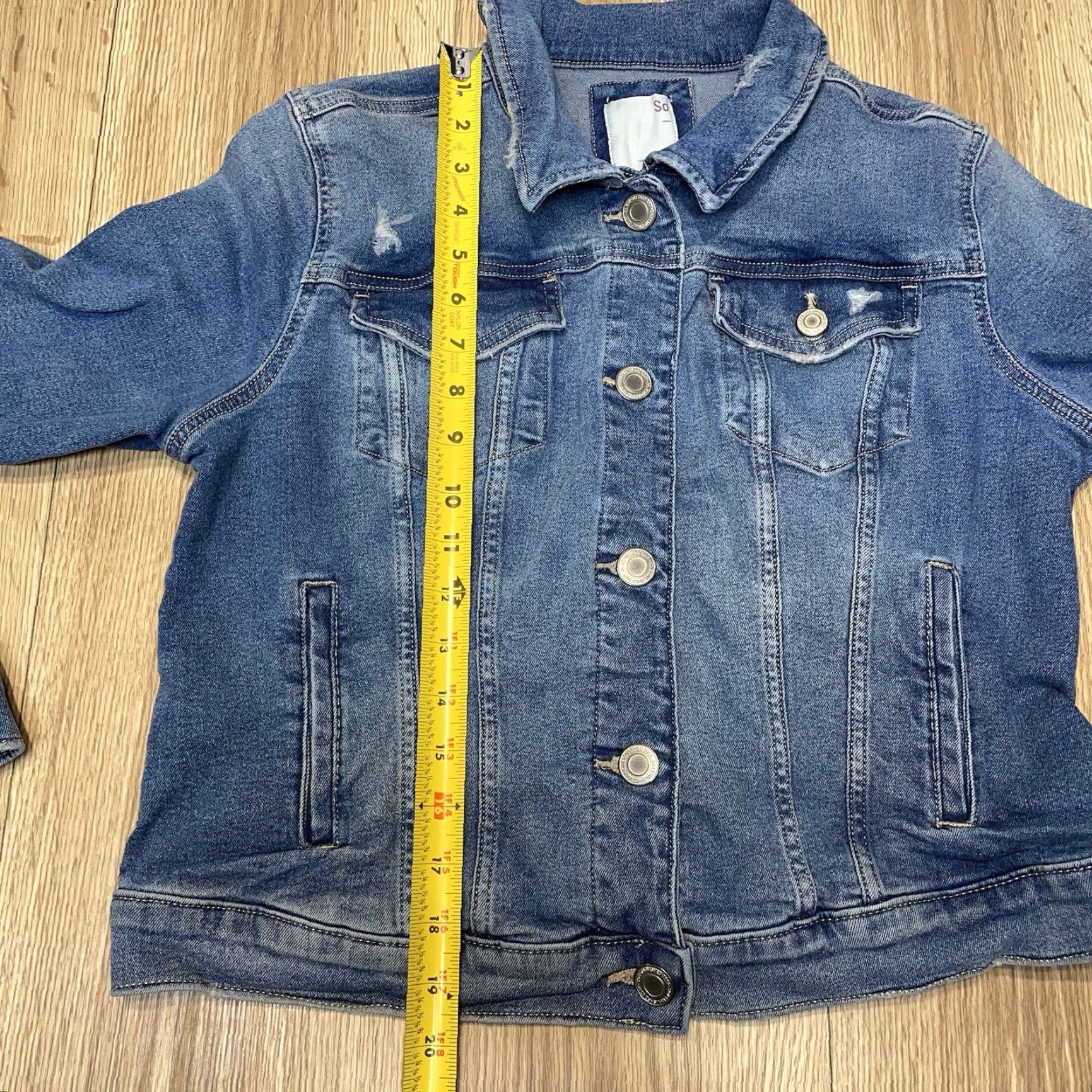 Denime VINTAGE SO Denim Jacket Blue Distressed Juniors Large with Pockets Womens Size 36" / US 14 / IT 50 - 4 Thumbnail