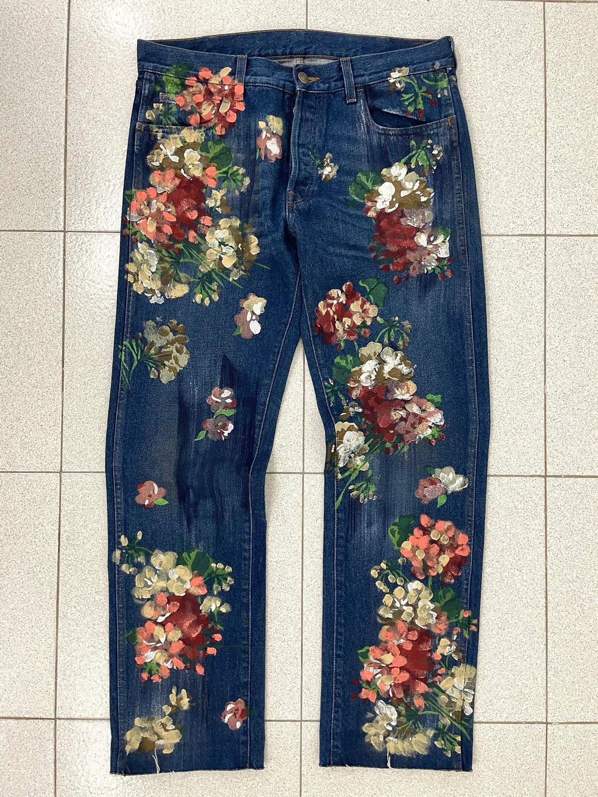 Pre-owned Gucci Floral Hand Painted Flower Jeans Asap Rocky In Indigo