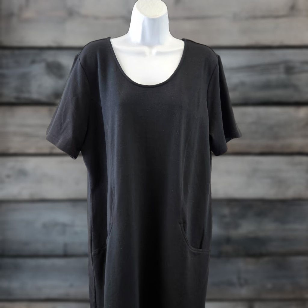 Vintage D&Co Active Womens Dress Large Solid Black Pockets Cotton Blend Scoop Neck Shift Dress Size L / US 10 / IT 46 - 1 Thumbnail