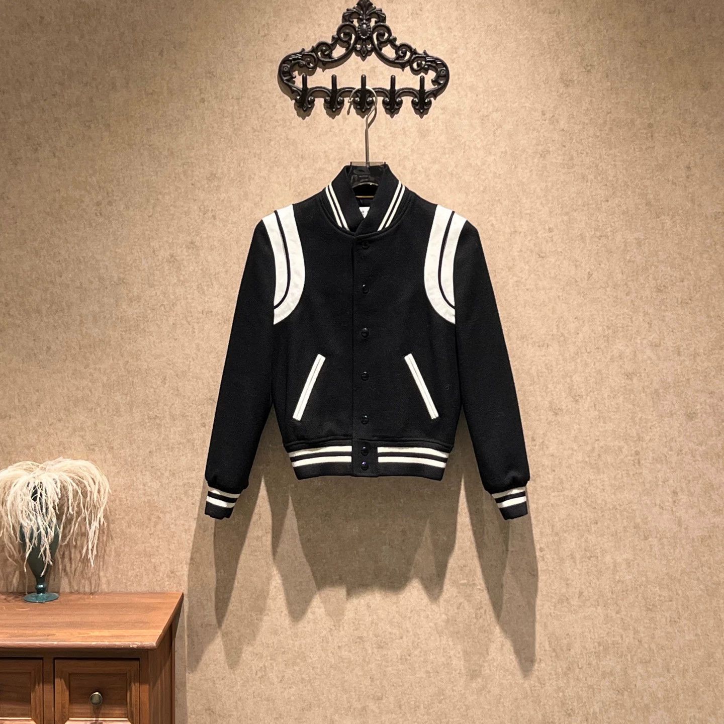 Saint Laurent Paris Saint Laurent Black White Wool Baseball Jacket Size XXS / US 00 / IT 34 - 1 Thumbnail