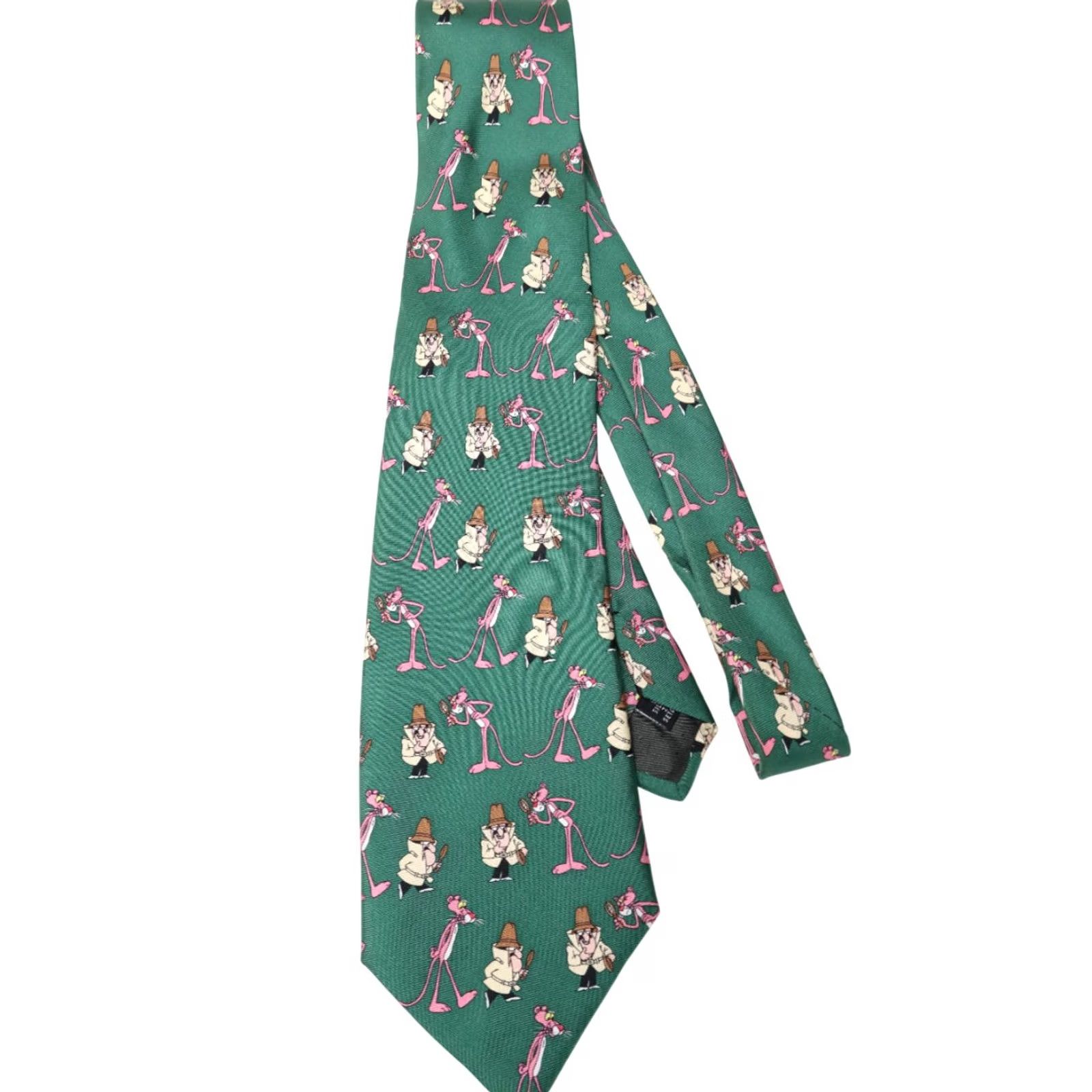 Pinko PINK PANTHER Vintage Tie Men's One Size Green Patterned Pointed Pure Silk Size US 35 - 4 Thumbnail