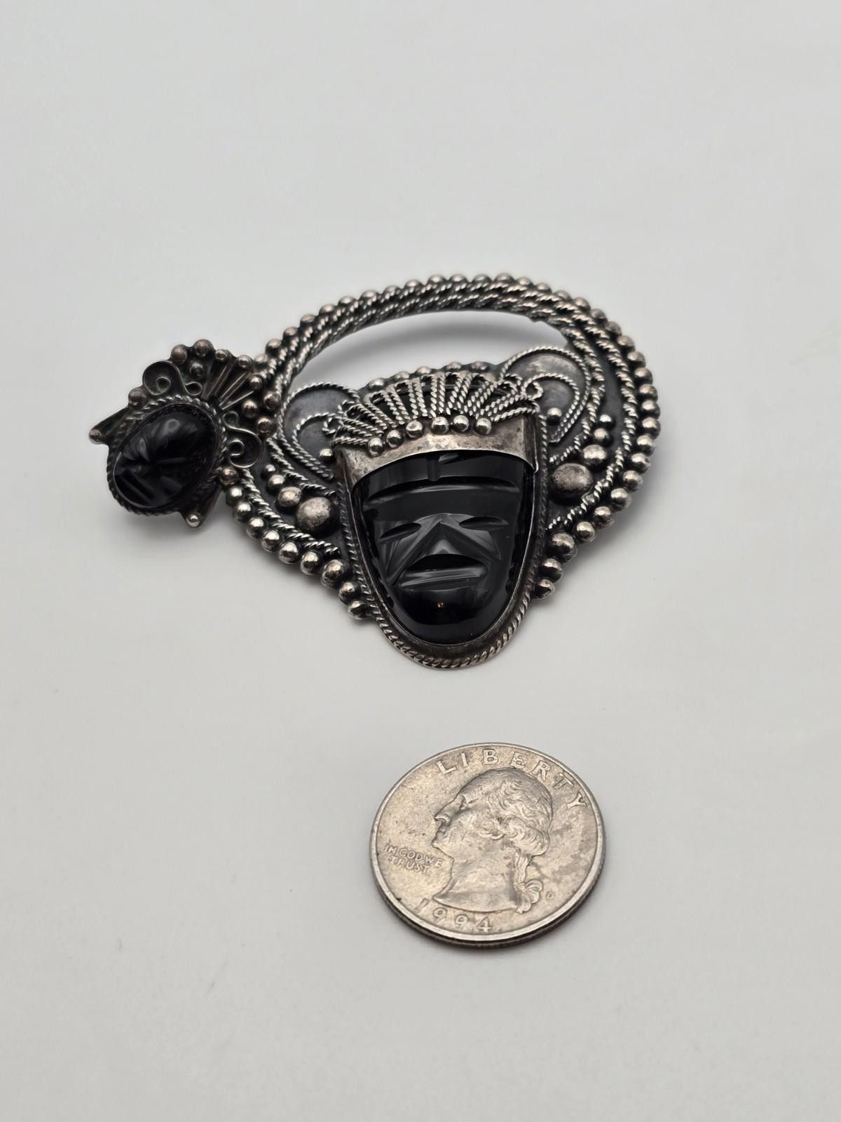 Other Mexican Sterling Onyx Mask Brooch & Earring Set Size ONE SIZE - 5 Thumbnail