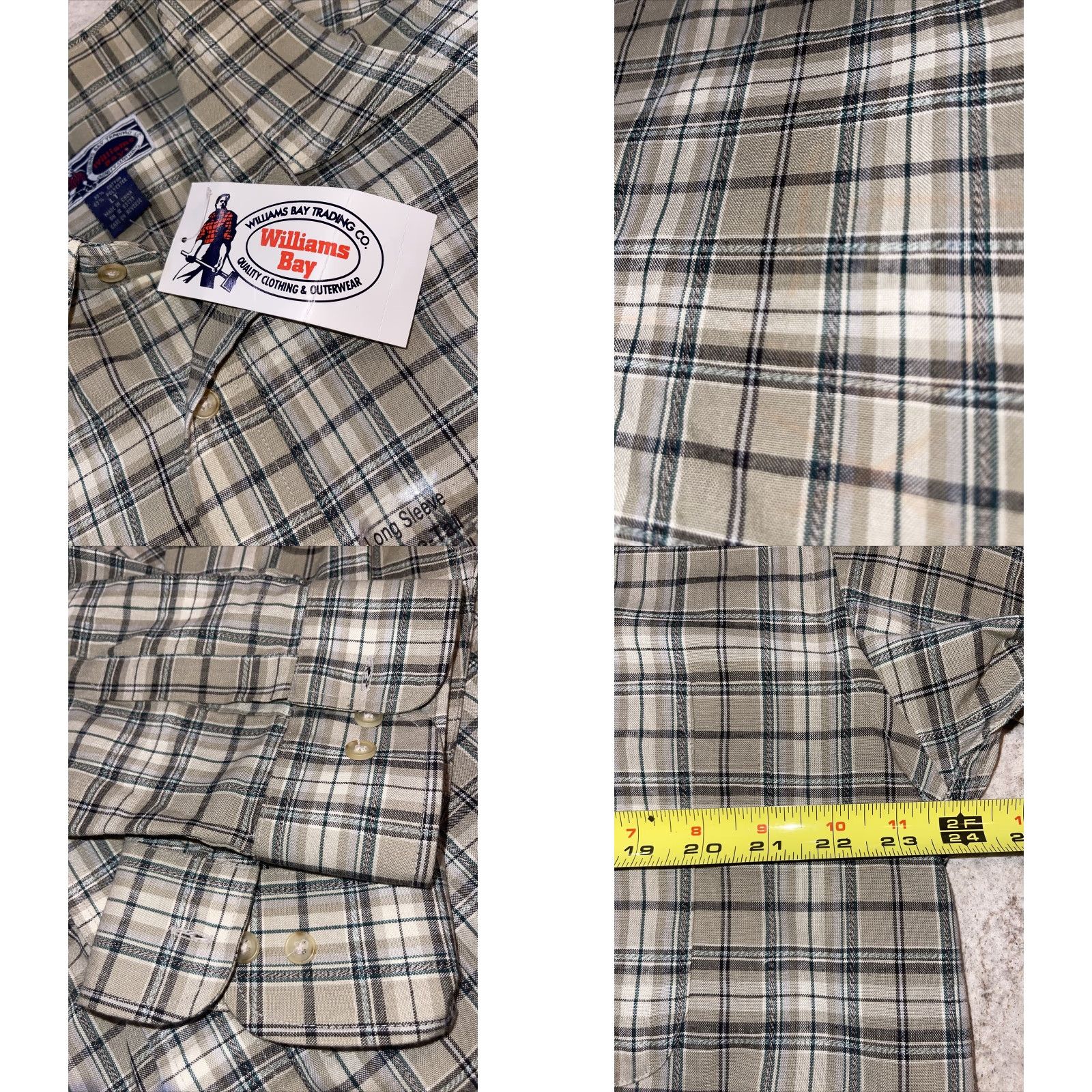 Vintage Williams Bay Plaid Oxford Flannel Shirt Button-Down Large Tall Tan Green Cream Cotton-Polyester Button-Up Mens Size US L / EU 52-54 / 3 - 8 Thumbnail
