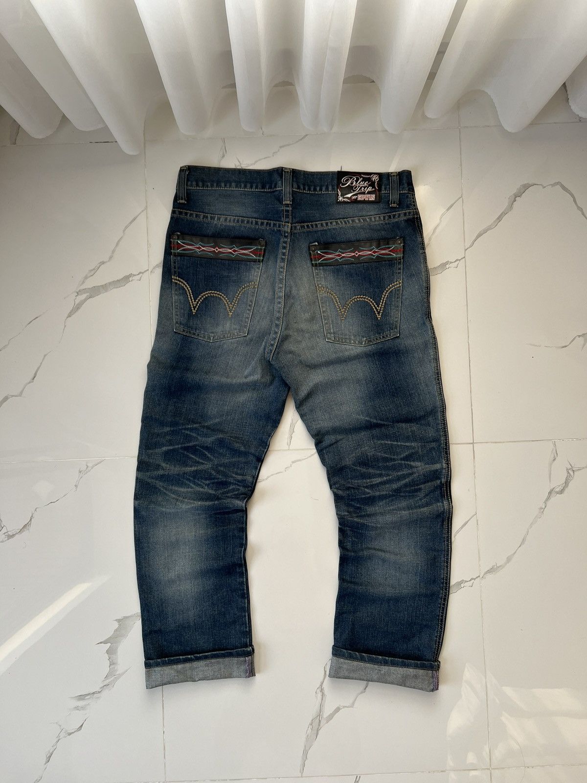 90's EDWIN BLUE TRIP RARE JAPAN Y2K BAGGY JEANS POCKET LOGO