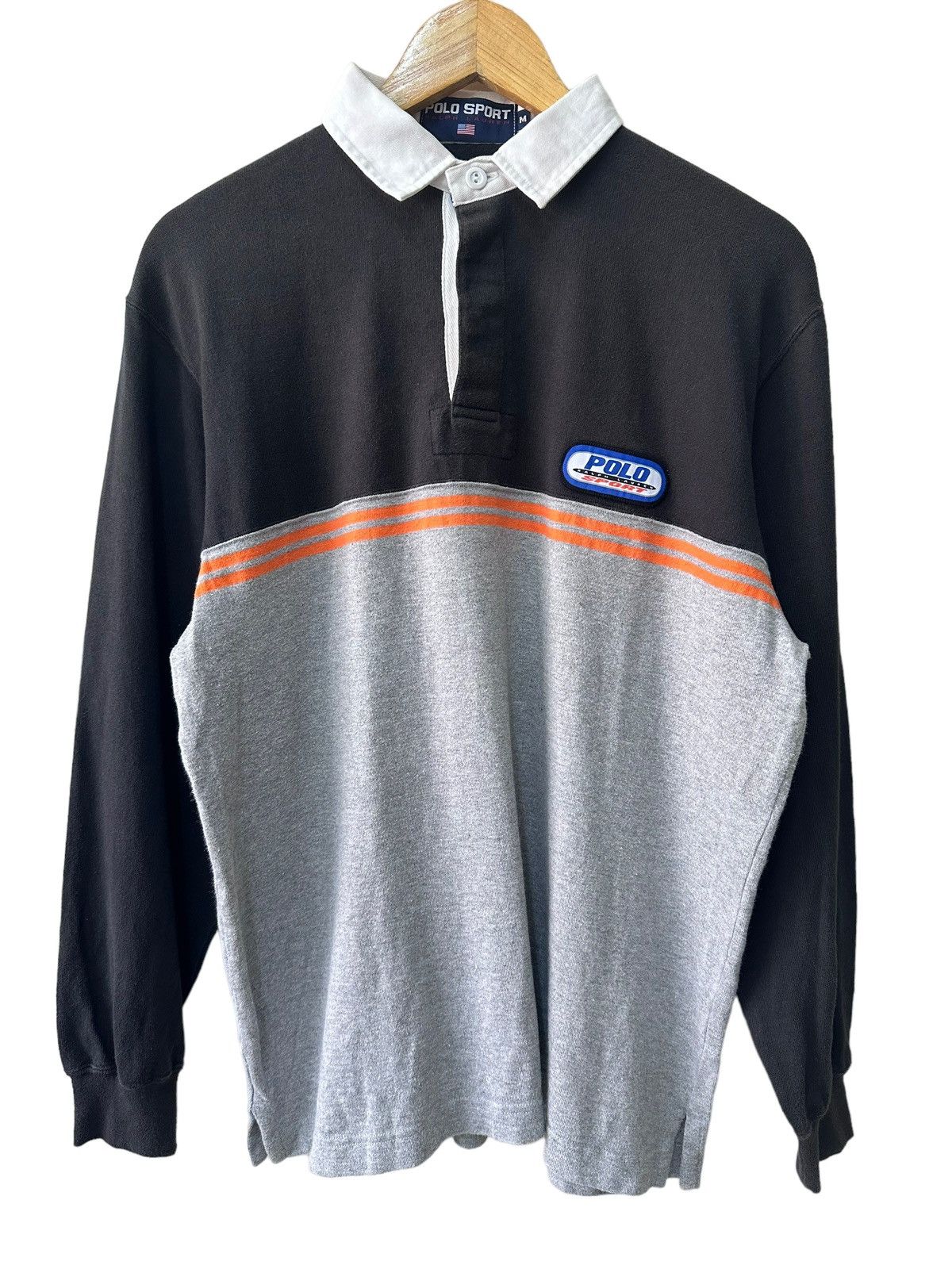 image of Polo Ralph Lauren x Ralph Lauren Rugby Vintage Polo Sport Rl Striped Rugby Shirt in Grey (Size Medi