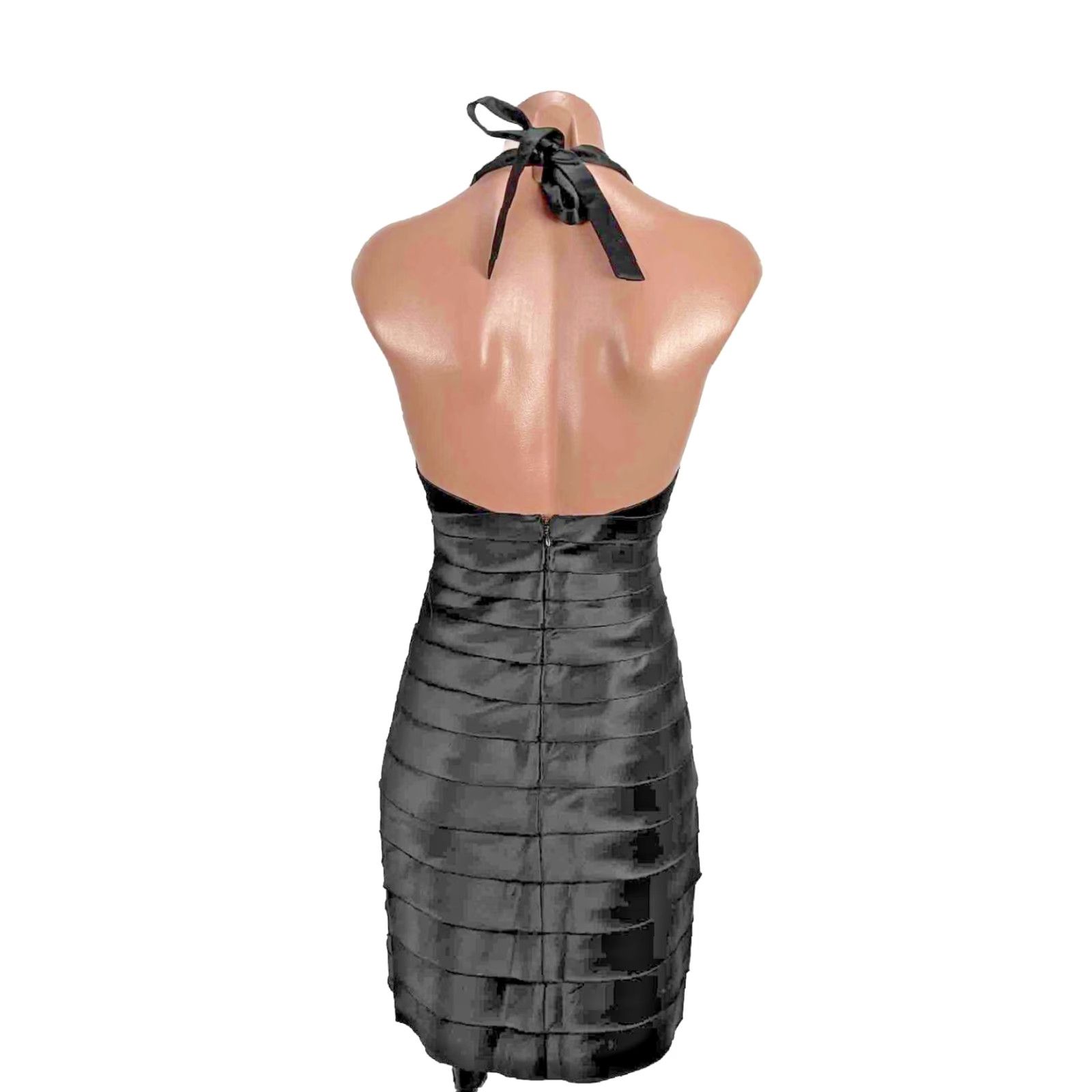 VINTAGE BCBGMAXAZRIA Black Tiered Ruffle Bodycon Short Mini Halter Dress 2  XS LBD Women