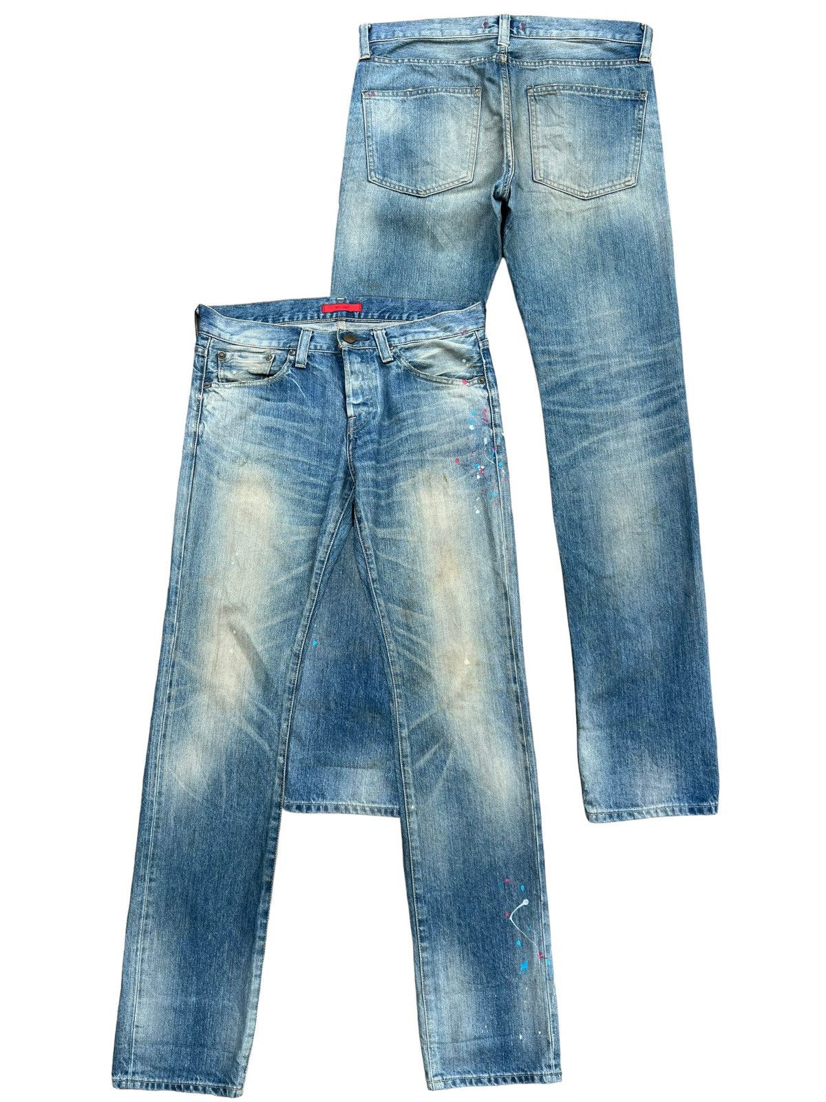 Japanese Brand Vintage Red Card Japan Faded Distressed Slim Fit Jeans 33x33 Size US 33 - 1 Thumbnail
