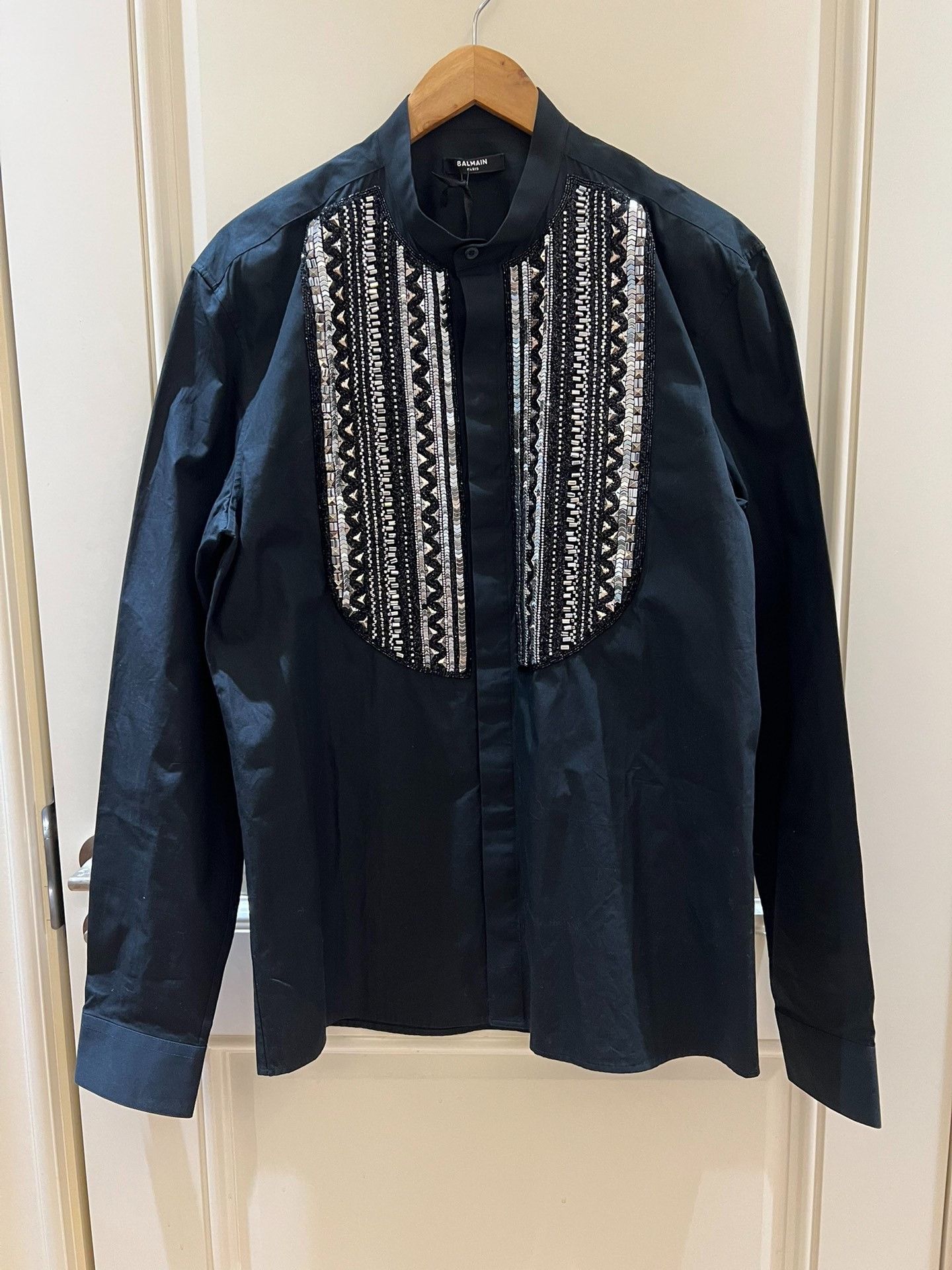 Saint Laurent Paris Balmain Black Silver Sequin Cotton Shirt Size US XXS / EU 40 - 1 Thumbnail